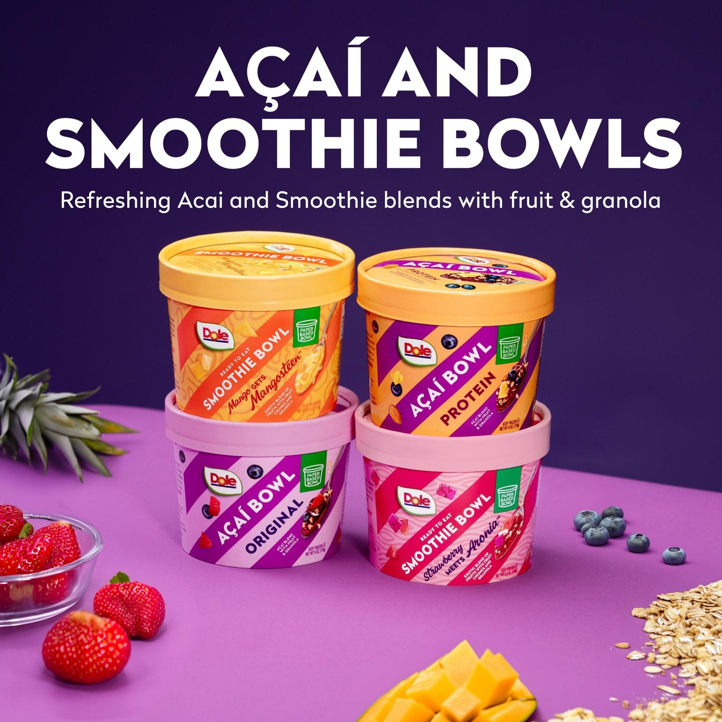 Dole Frozen Acai Bowl Original - Acai Blend with Fruit and Granola Topping - Paper-Based Bowl - 6 oz