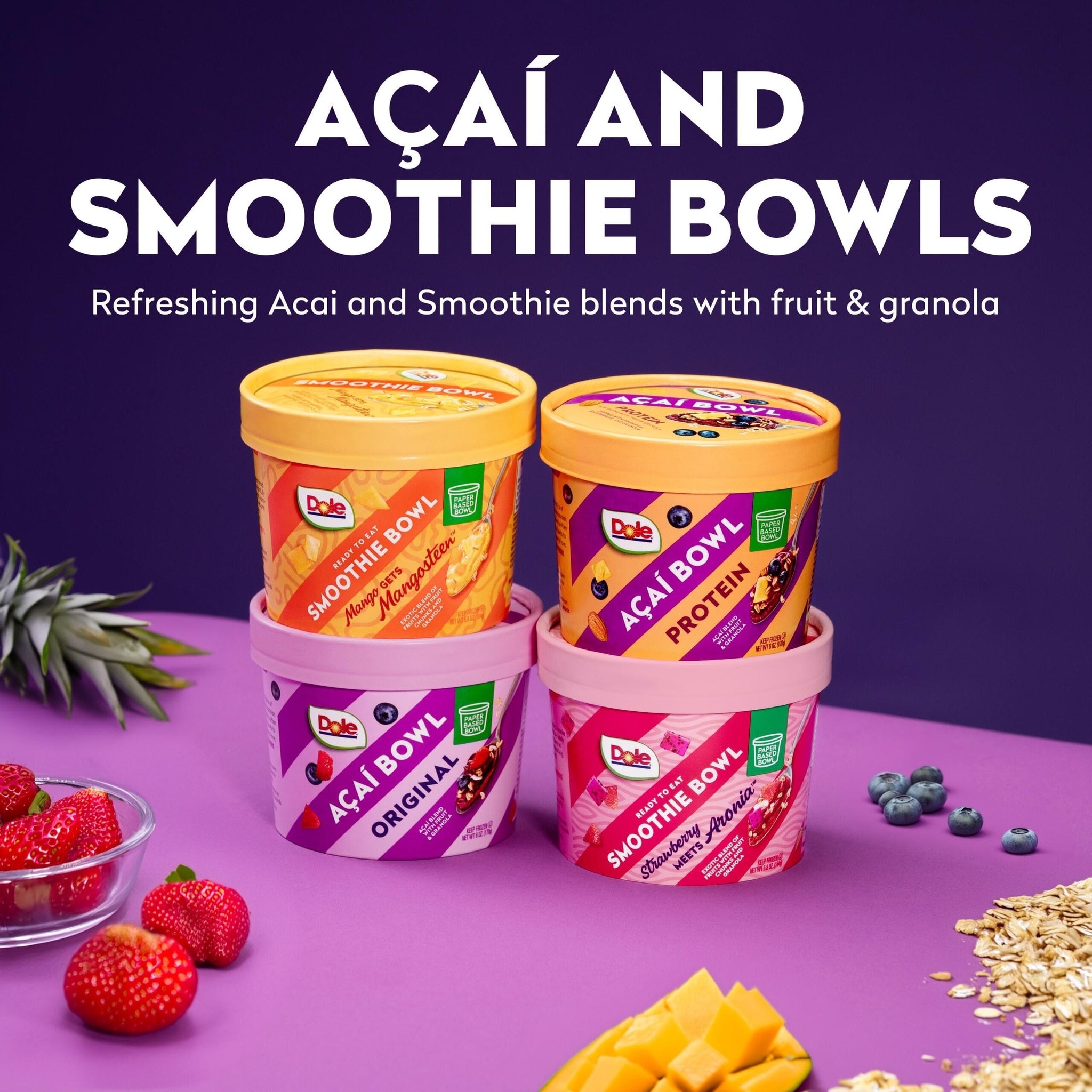 Dole Frozen Acai Bowl Original - Acai Blend with Fruit and Granola Topping - Paper-Based Bowl - 6 oz