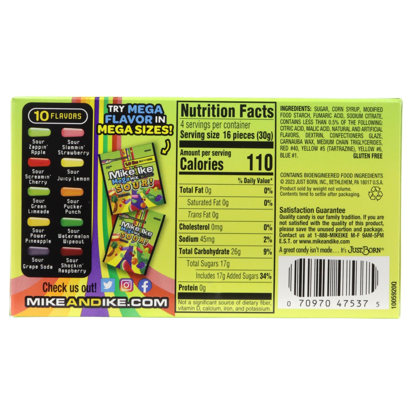 Mike and Ike Mega Mix Sour, Assorted Chewy Candies, Movie Night Snacks, 10 Fruit Flavors, 4.25 Ounces (Pack of 3)