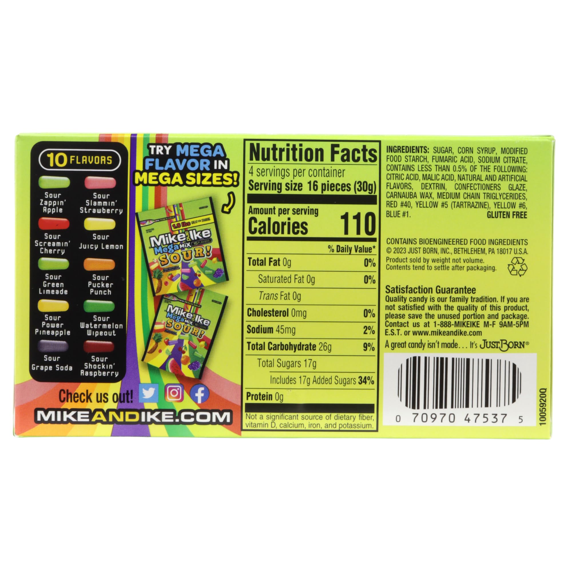 Mike and Ike Mega Mix Sour, Assorted Chewy Candies, Movie Night Snacks, 10 Fruit Flavors, 4.25 Ounces (Pack of 3)