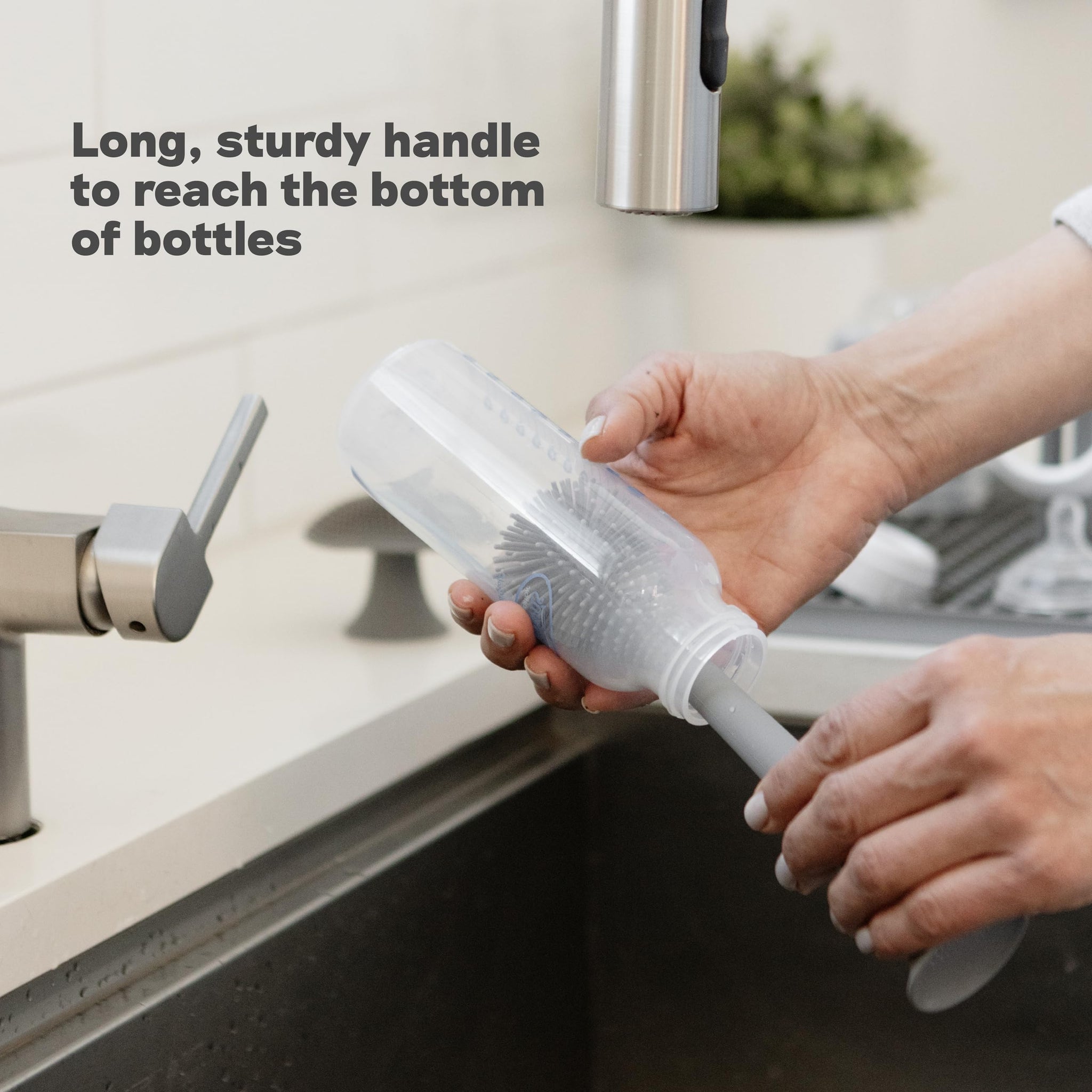 ezpz Bottle Brush (Sage) - Odor-Resistant Silicone Cleaning Tool with Long Sturdy Handle and Suction Base - Flexible Top for Tight Spaces - Gently