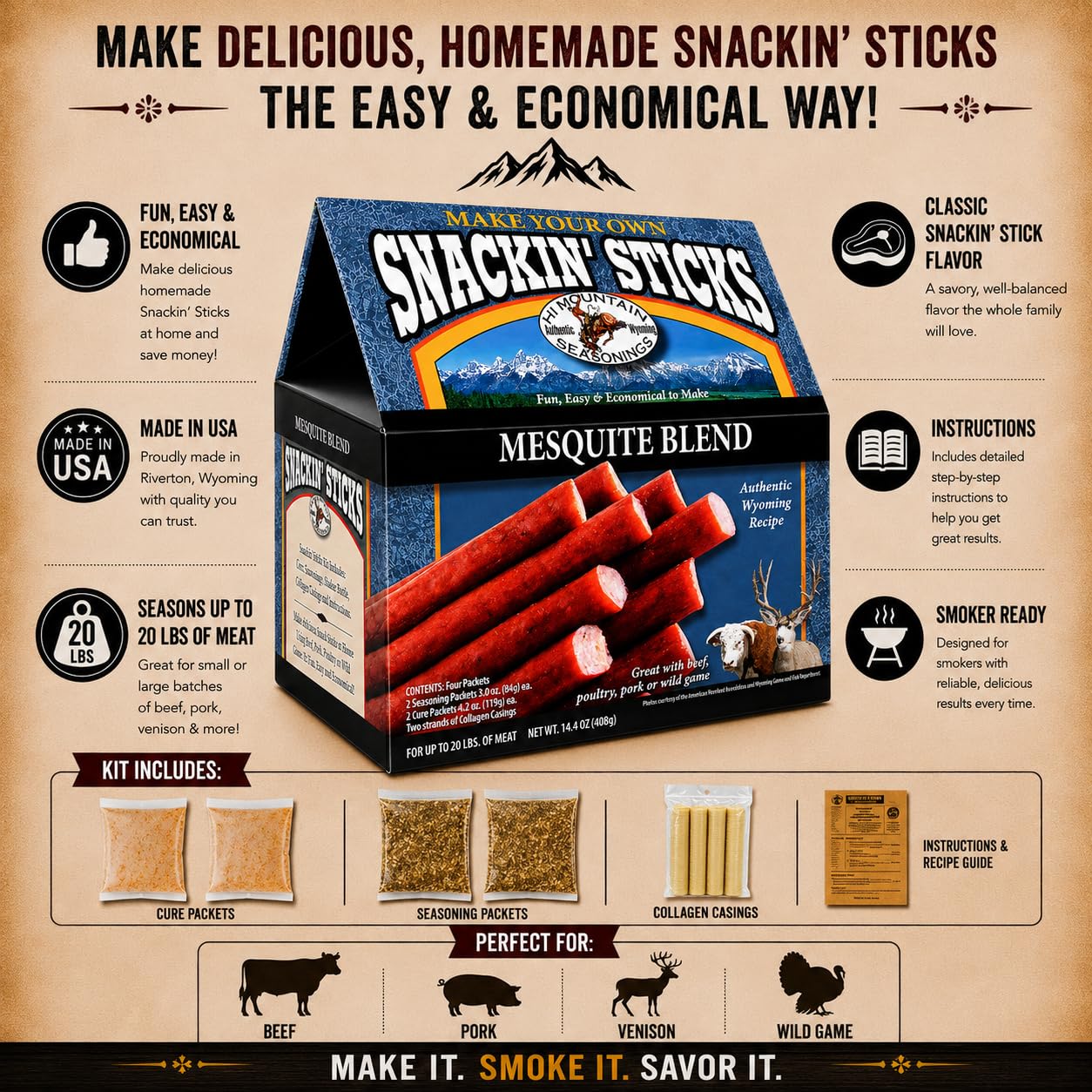 Hi Mountain Seasonings ? Snack Stick Seasoning Kit ? MESQUITE BLEND ? Includes Seasoning, Cure, Casings, & Directions ? Seasons up to 20 lbs of Meat ?
