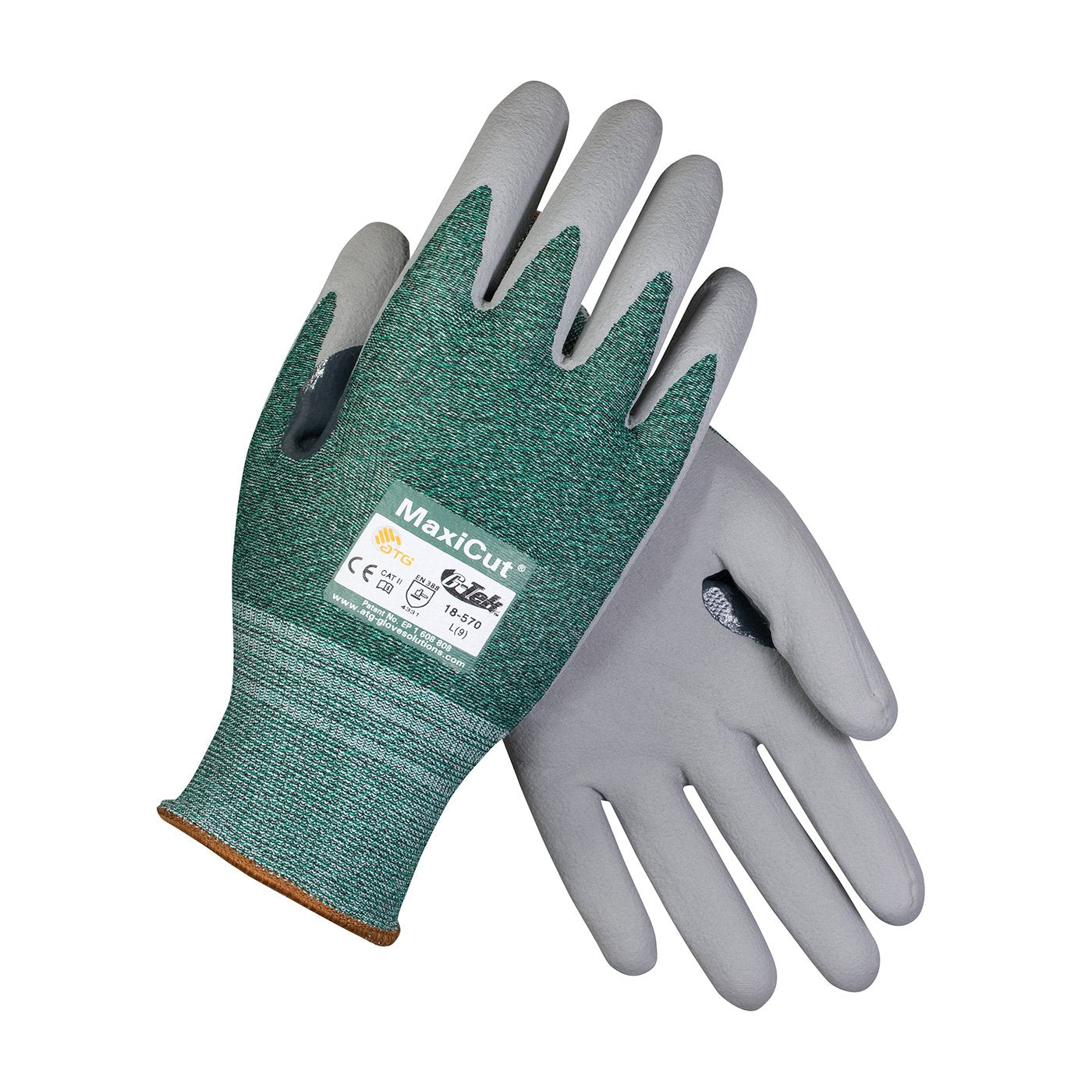 ATG 18-570/XL Maxicut, Green 15G Engineered Yarn Shell, Gray Nitrile Microfoam Grip, A2 Green XL