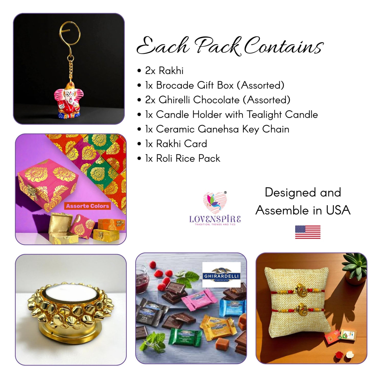 LOVENSPIRE Rakhi Gift Hamper for Brother 2PC Ganesha Rakhi with Candle Holder Ceramic Key Chain Roli Chawal Rakshabandhan Card Chocolates with Premium