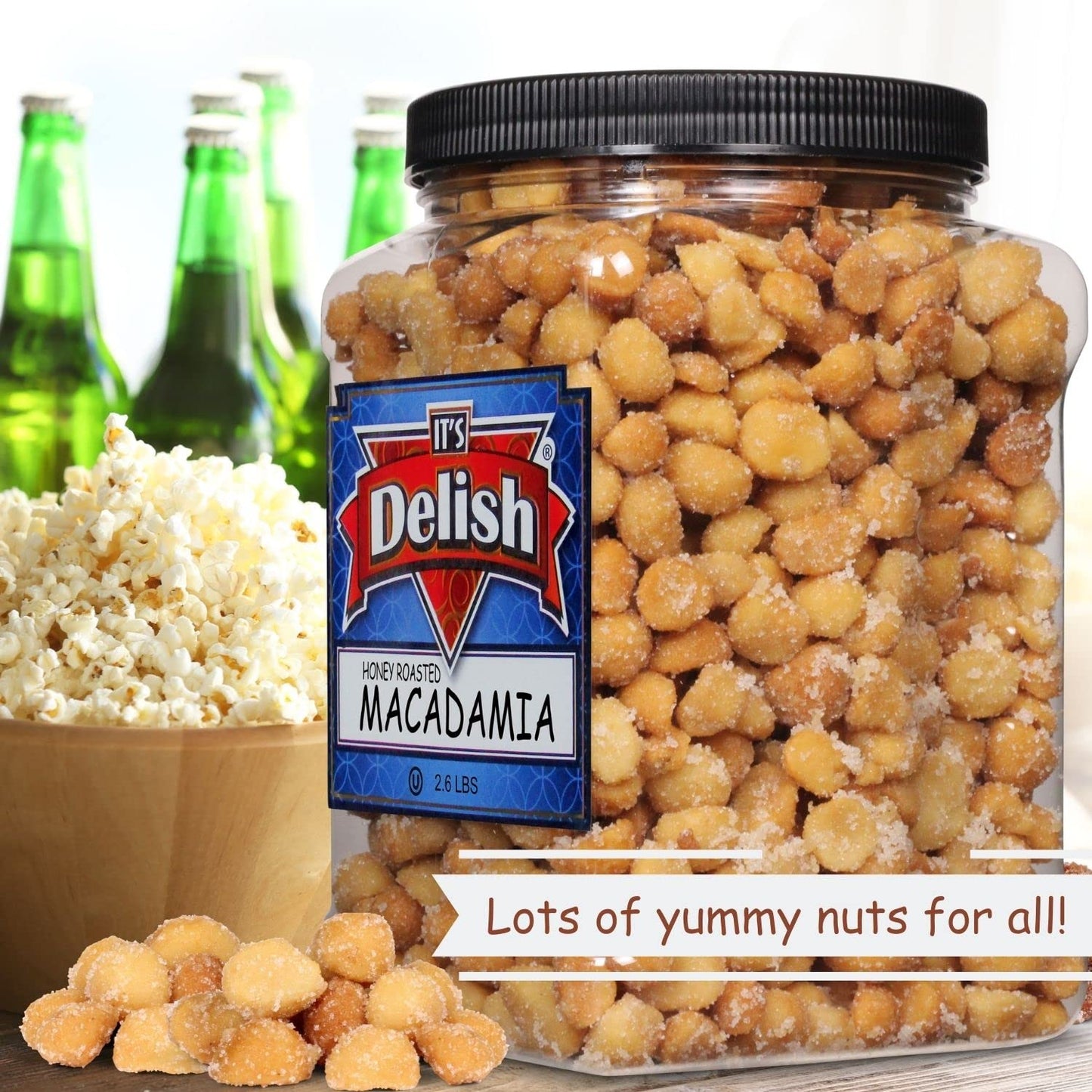 Honey Roasted Macadamia by It's Delish, 2.6 LBS Reusable Jumbo Container | Gourmet Macadamia Nuts in Honey Sugar Coating, Sweet & Heart Healthy Salted