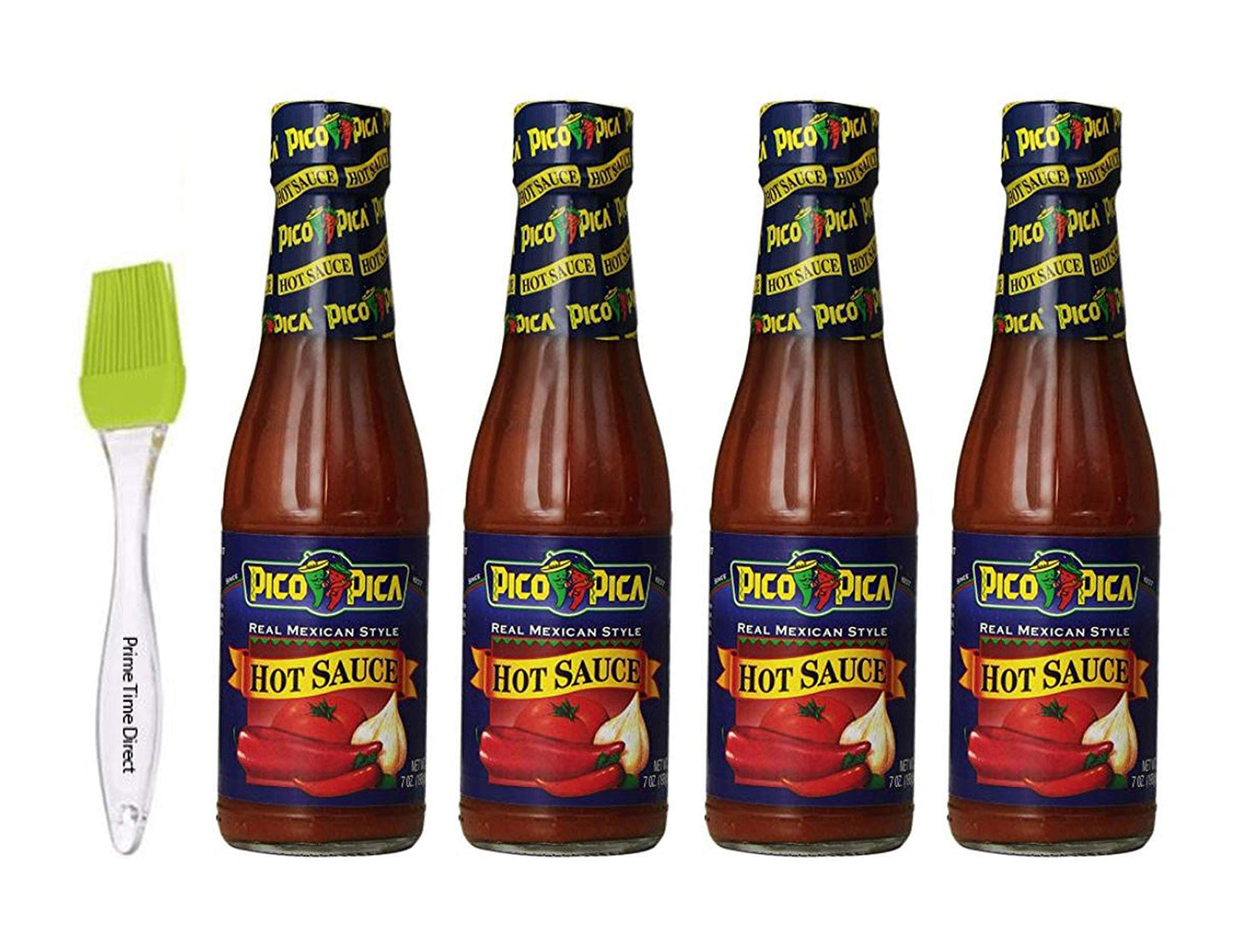Pico Pica Hot Sauce 7oz (Pack of 4) Bundle with PrimeTime Direct Silicone Basting Brush in a PTD Sealed Bag Sealed Bag