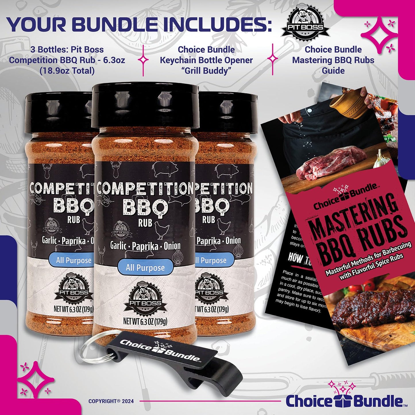 Pit Boss Competition BBQ All Purpose AP Premium Barbecue Mixed Seasoning Spice & Rub 3 pk Choice Bundle (18.9 oz) + Guide & Keychain Bottle Opener (5