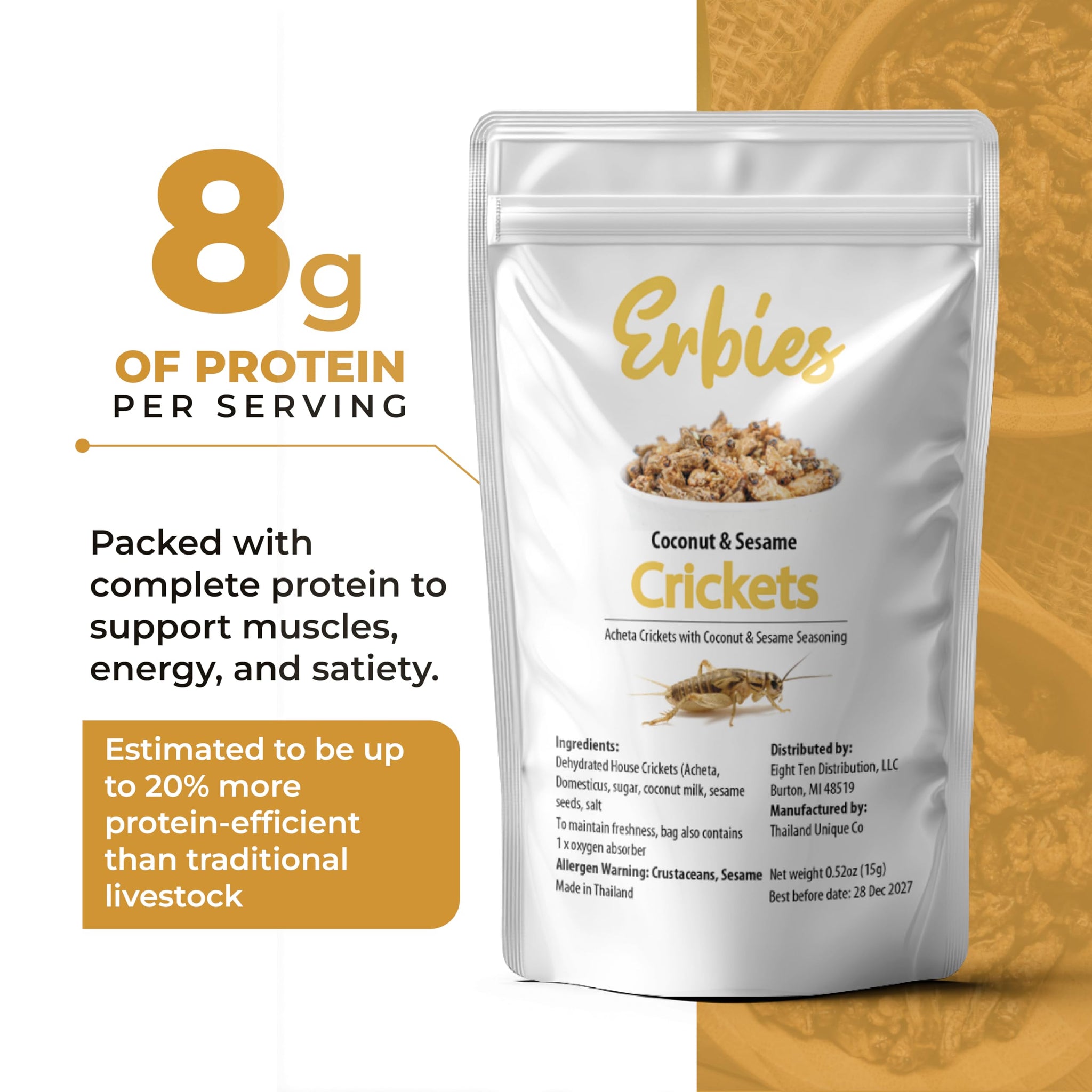 Erbies Edible Crickets for Humans, Exotic Food Bug Snacks & High Protein Edible Cricket Snacks for Humans, Sesame Coconut Flavor 15g Bag