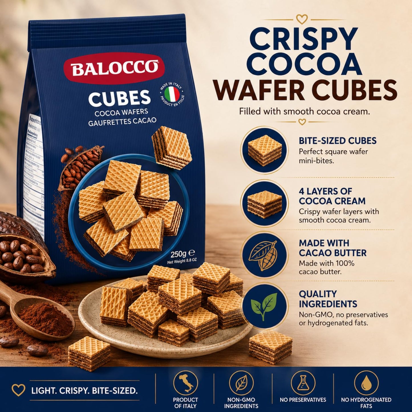 Balocco Cocoa Wafer Cubes Cookies 8.8 Oz (250g) - Crispy Italian Square Wafer Chocolate Cookies with 4 Layers of Cacao Butter, Non-GMO, Product
