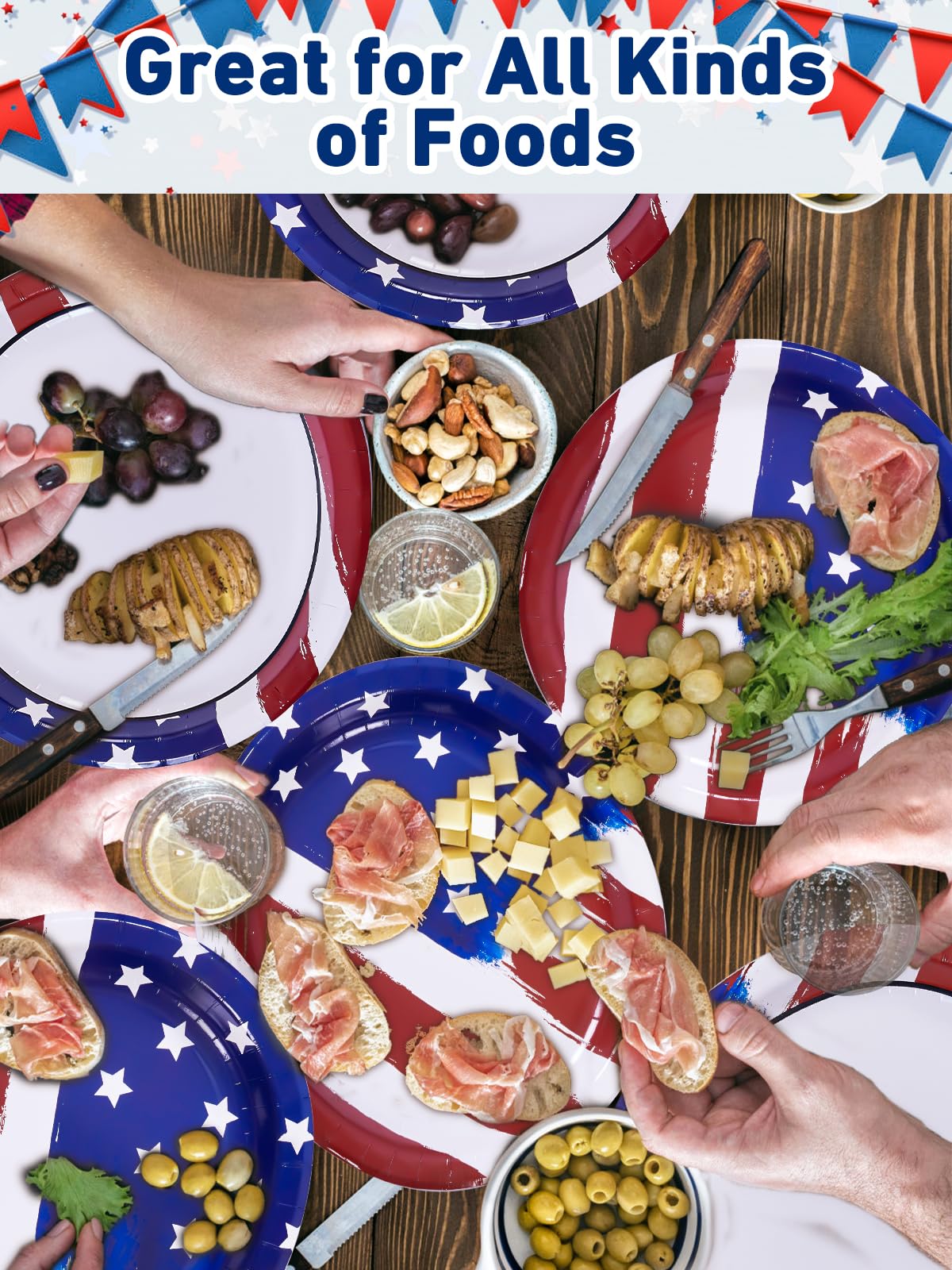 Dereinwo Patriotic Oval Paper Plates Large 12" X 10" Disposable Platters Party Goods Set July 4th American Flag Design Red Blue and White Paper Plates