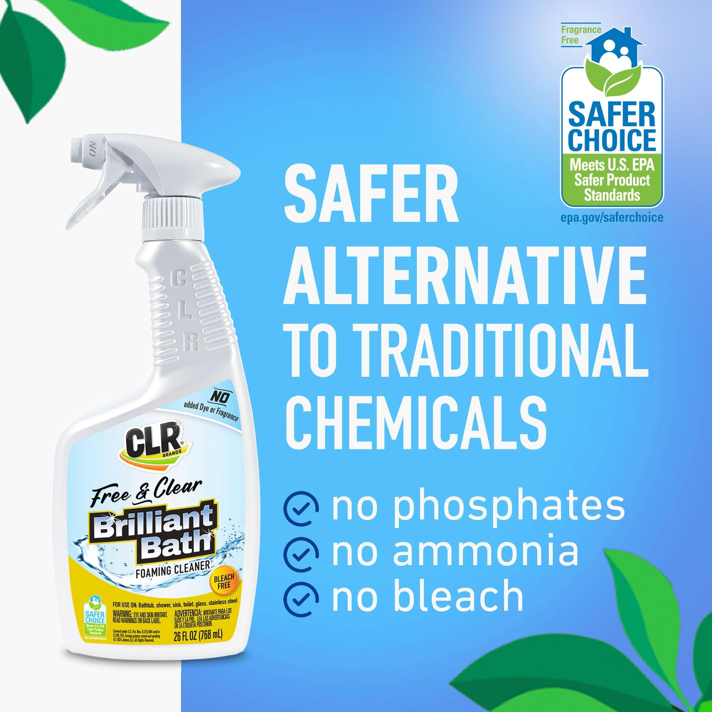 CLR Brands® Brilliant Bath Foaming Bathroom Cleaner Spray Free & Clear, No Added Dyes or Fragrances, Soap Scum and Hard Water Stain Remover, Use on