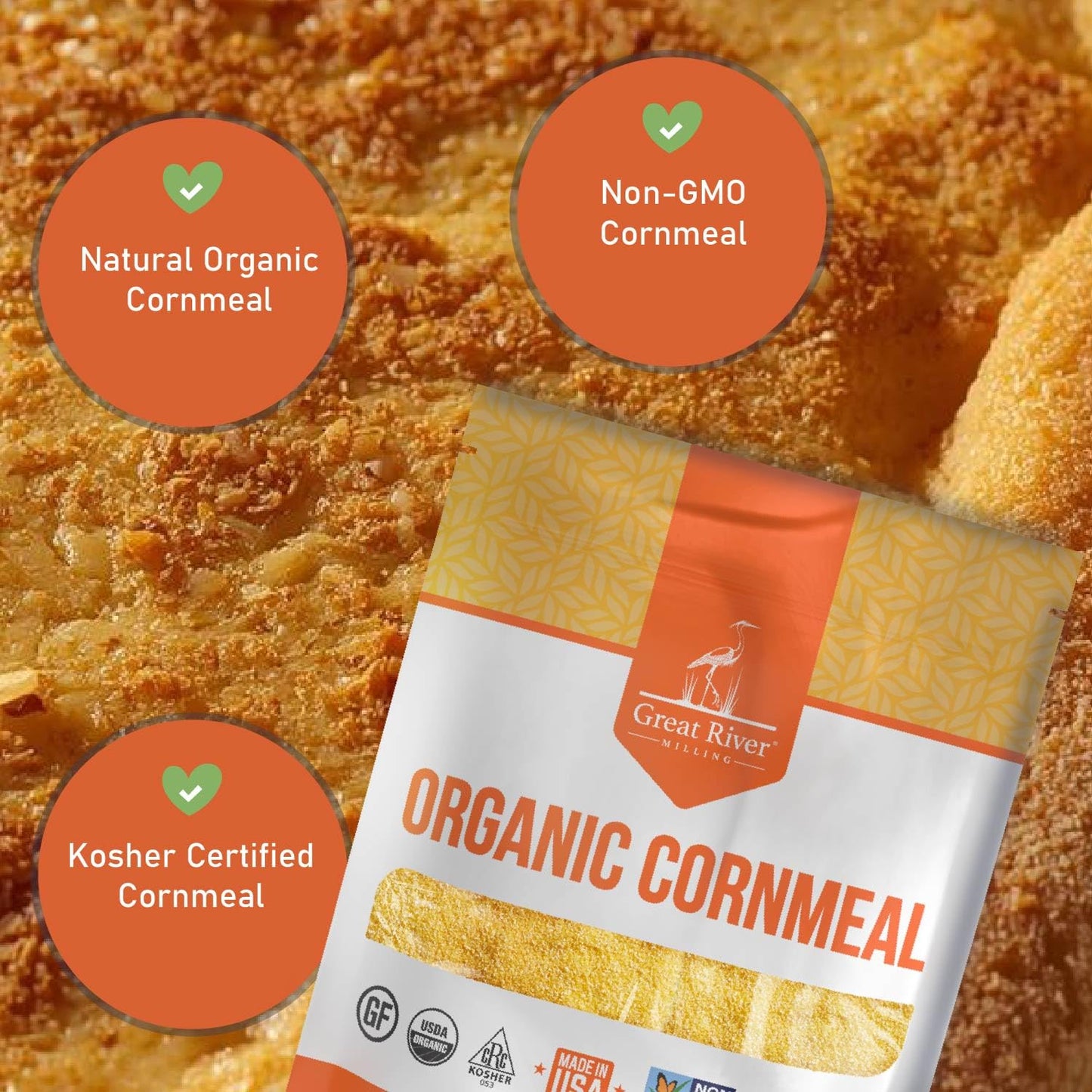 Great River Milling Organic Medium Grind Cornmeal | USDA Organic, Gluten Free, Non-GMO, Kosher | Hearty Texture for Cornbread, Polenta, Muffins