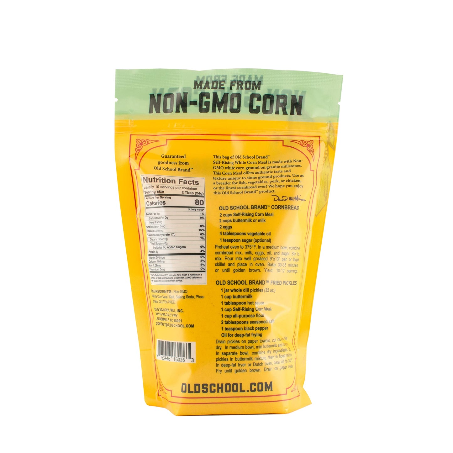 Old School Brand™ Stone Ground Self-Rising White Cornmeal | 16 Ounce Bag, Non-GMO North Carolina White Corn, Southern Style Baking