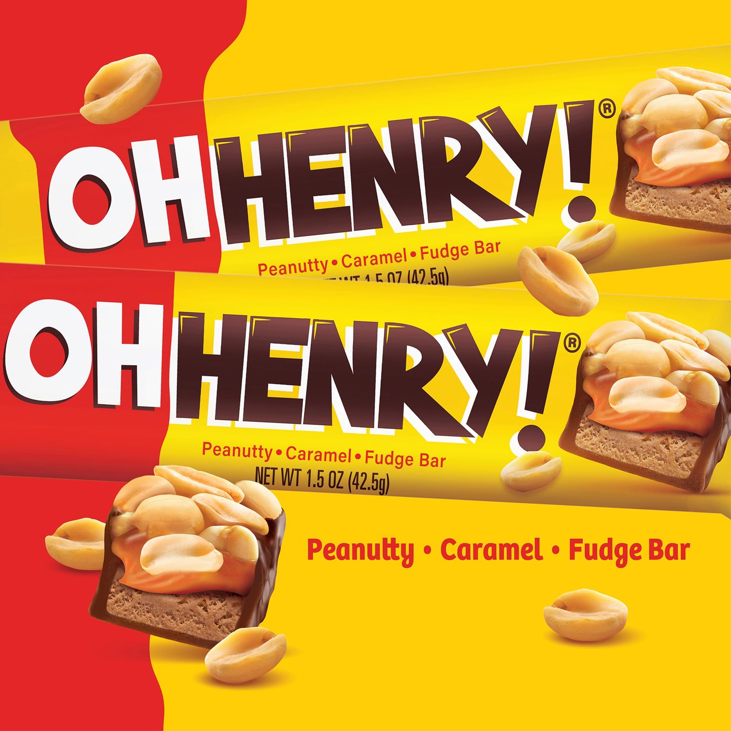 Oh Henry!, Peanuty, Caramel, Fudge Bar, Full Size Individually Wrapped Candy Bars, 1.5oz each, Bulk 24 Pack