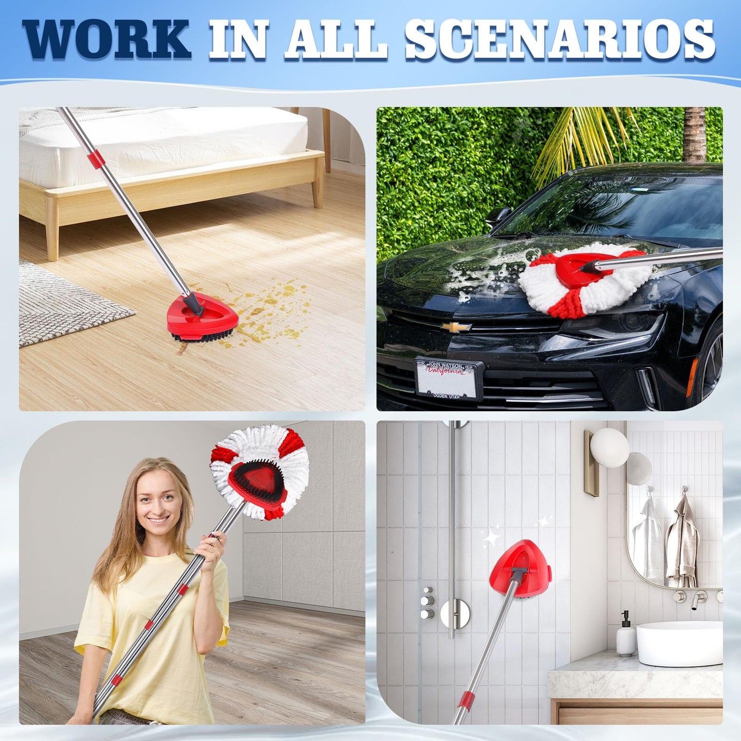4 Packs Spin Mop Replacement Heads Compatible with Ocedar RinseClean 2-Tank System, 30-58" Mop Handle,Mop Scrub Brush and Base Combo Set,Mopping