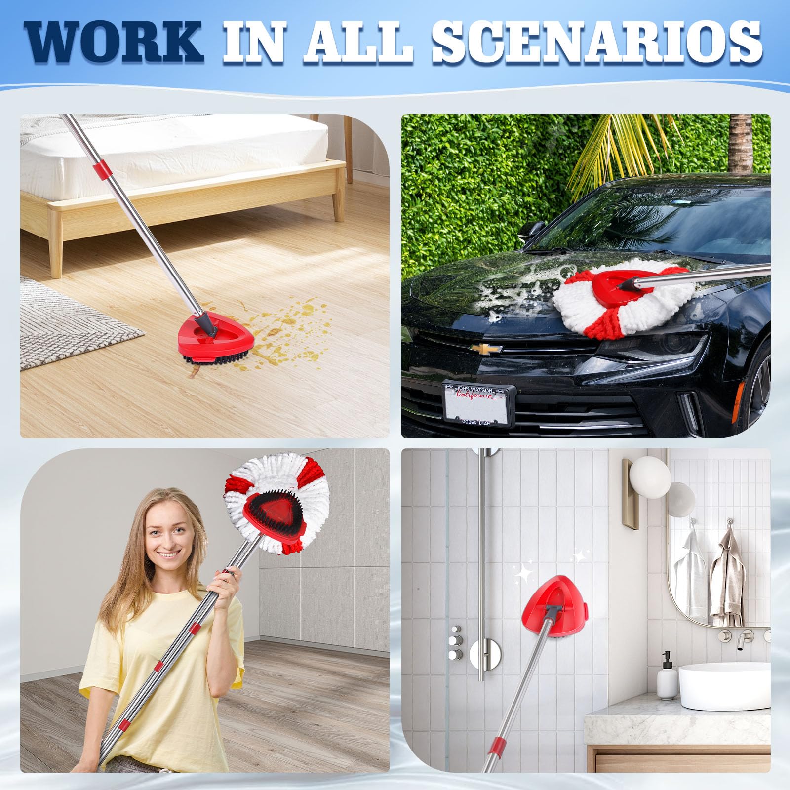 4 Packs Spin Mop Replacement Heads Compatible with Ocedar RinseClean 2-Tank System, 30-58" Mop Handle,Mop Scrub Brush and Base Combo Set,Mopping