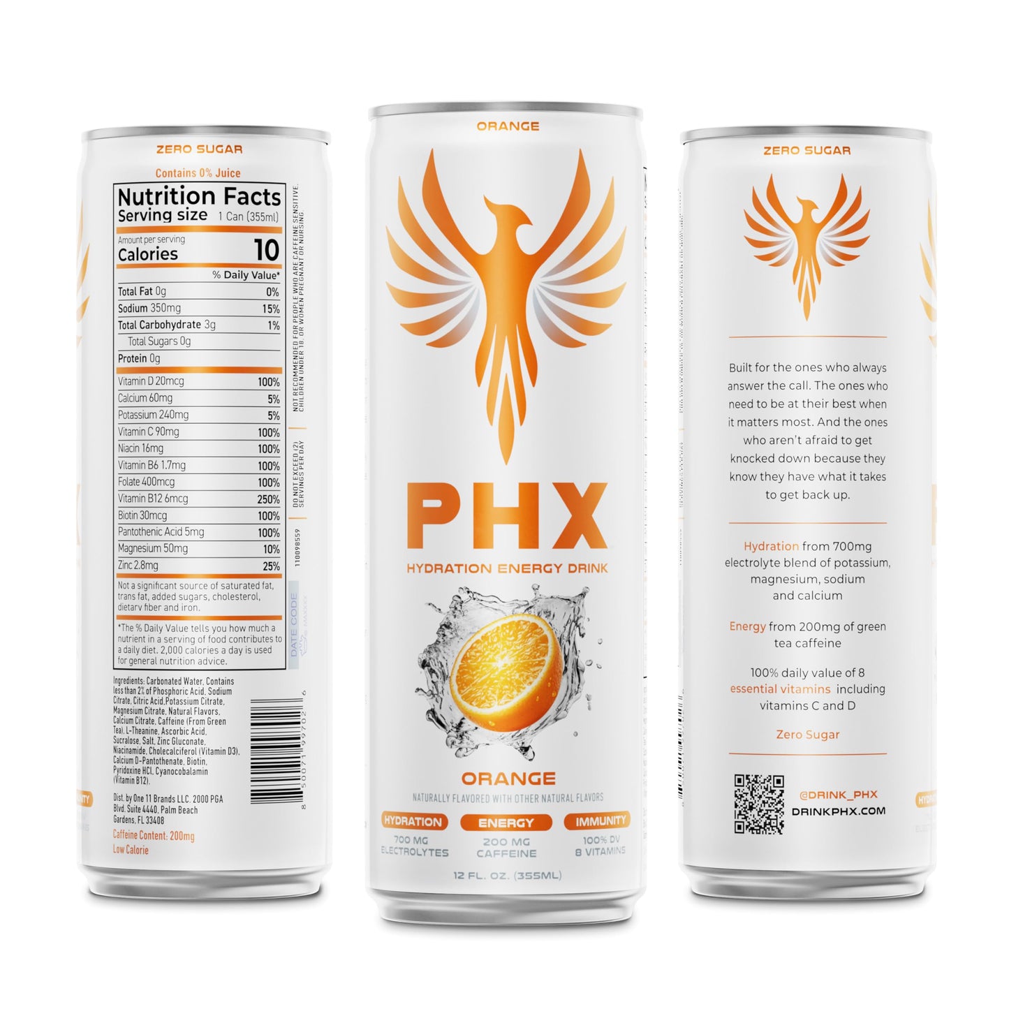 PHX Hydration Energy Drink - 700mg Electrolytes, 200mg Natural Green Tea Caffeine, 100% Daily Value 8 Essential Vitamins - 12 oz Cans (12 Pack) (12