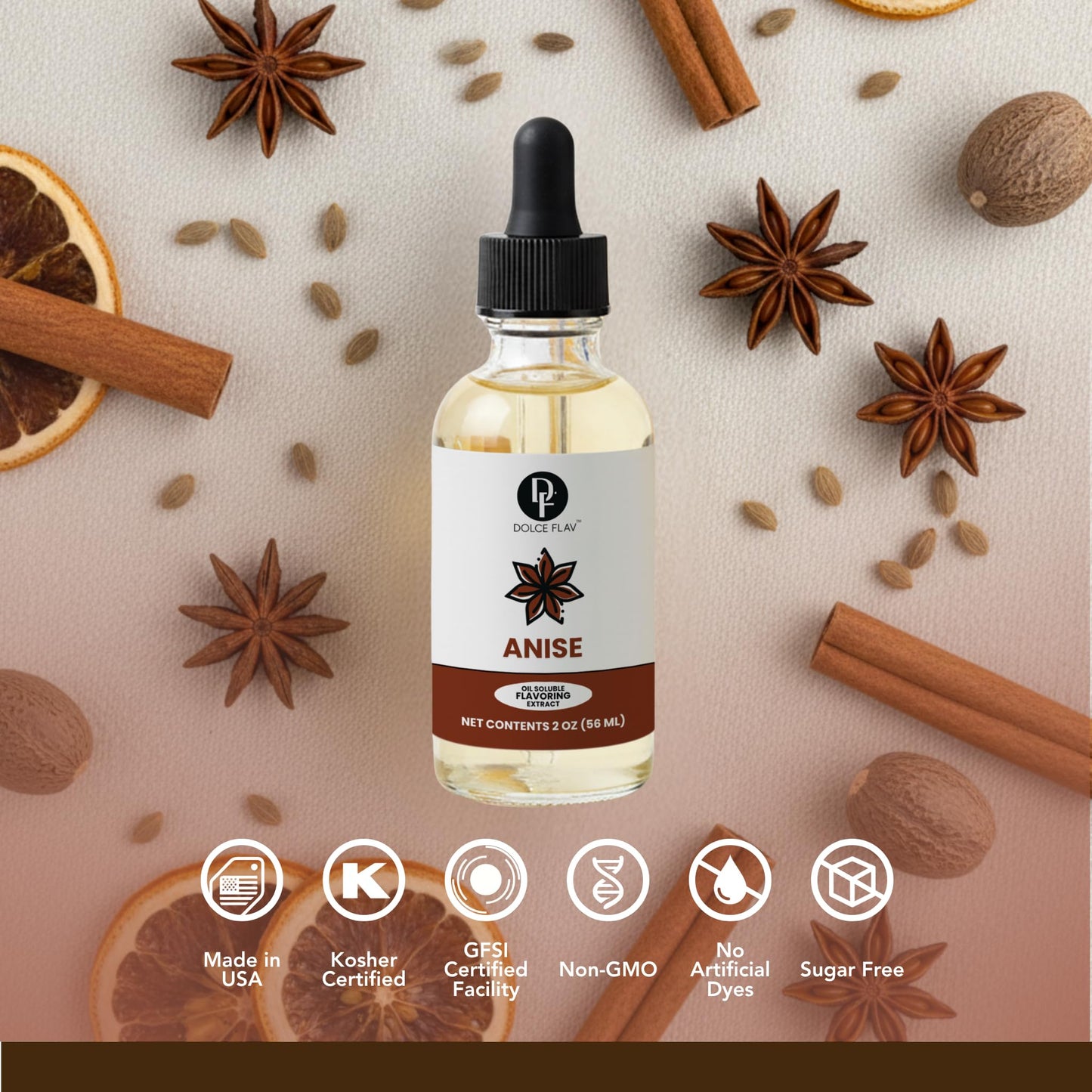 Dolce Flav Star Anise Extract - 2 Ounce Oil-Soluble Kosher, Sugar-Free, Concentrated Licorice Anise Flavoring for Baking, Cookies & Liqueurs, Includes