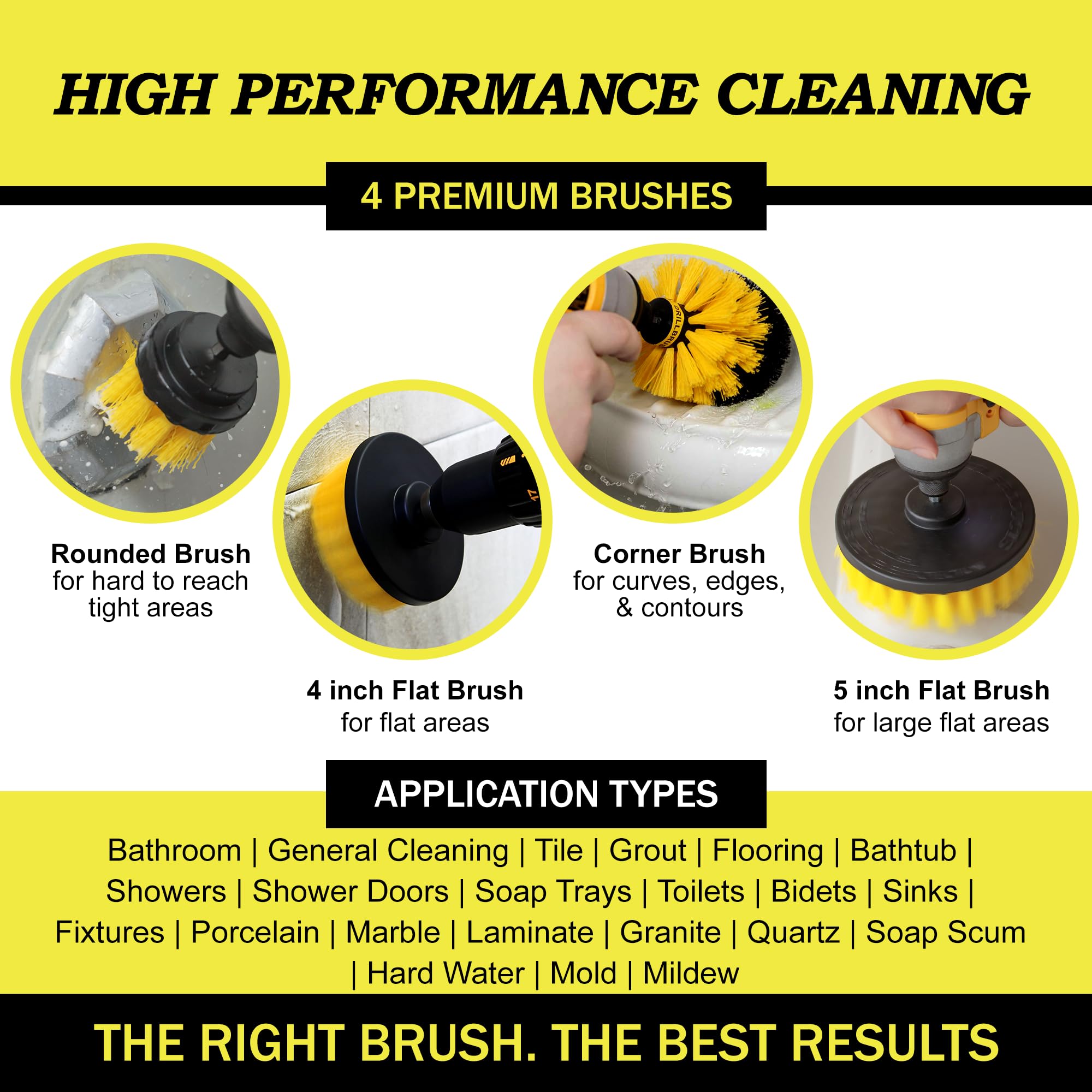 Nylon Drill Brush Attachment Set for Bathroom Cleaning - Power Scrubber Brush Kit for Bathtub, Shower, Tile, and Grout - All-Purpose Household