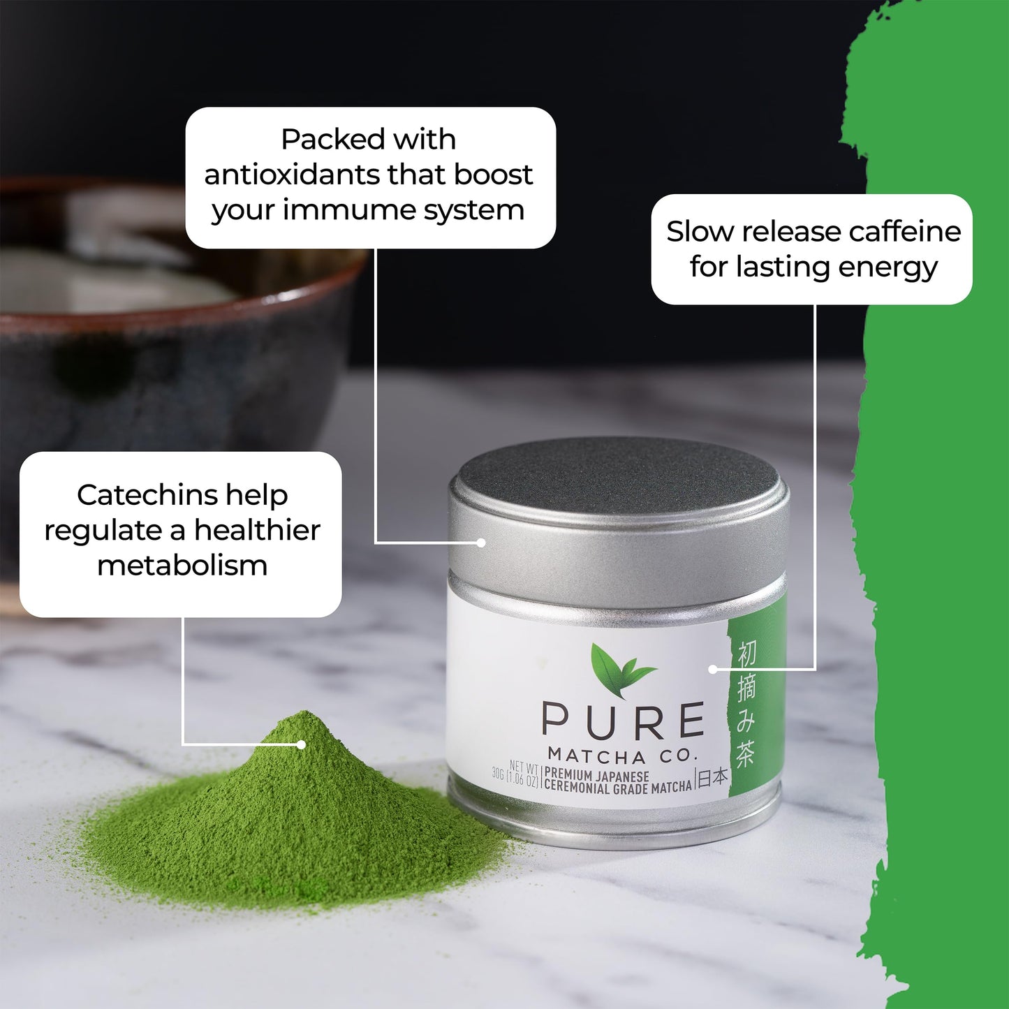 Pure Matcha Co | Premium Ceremonial Grade Matcha Green Tea Powder | Authentic Japanese Origin | Sugar Free | 30g, 1.06oz