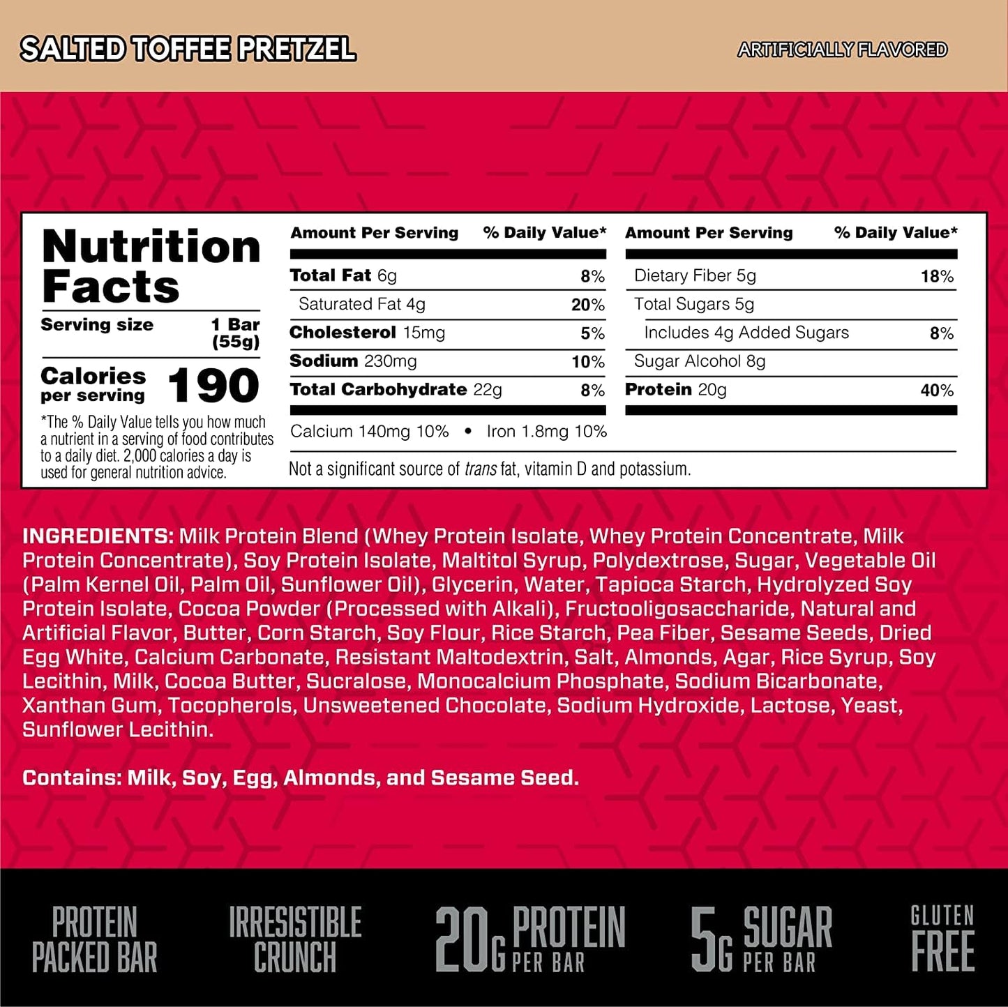 BSN Protein Crisp Bar, Salted Toffee Pretzel, 20 Gram Protein Snack Bars with Whey and Fiber, Gluten-Free Crunchy Energy Bars for Workout, Fitness