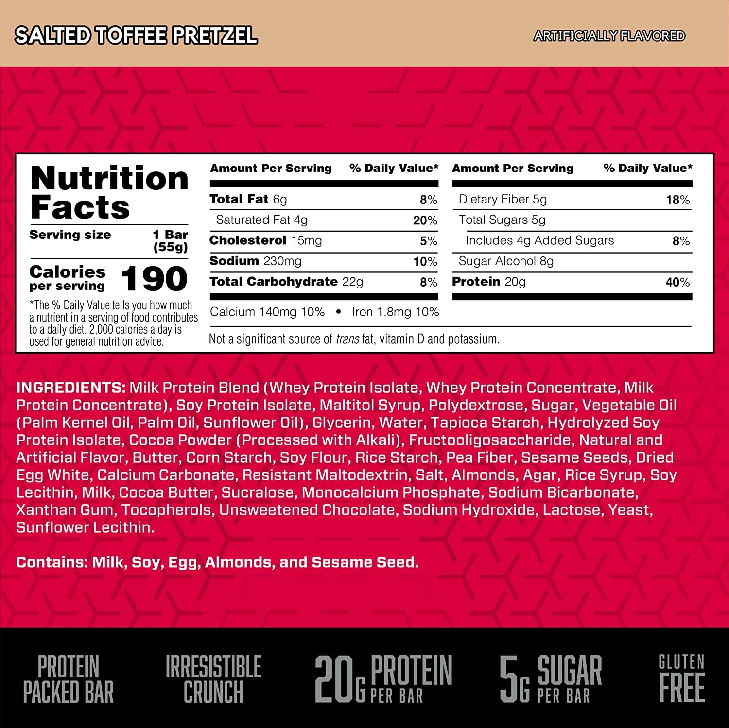 BSN Protein Crisp Bar, Salted Toffee Pretzel, 20 Gram Protein Snack Bars with Whey and Fiber, Gluten-Free Crunchy Energy Bars for Workout, Fitness