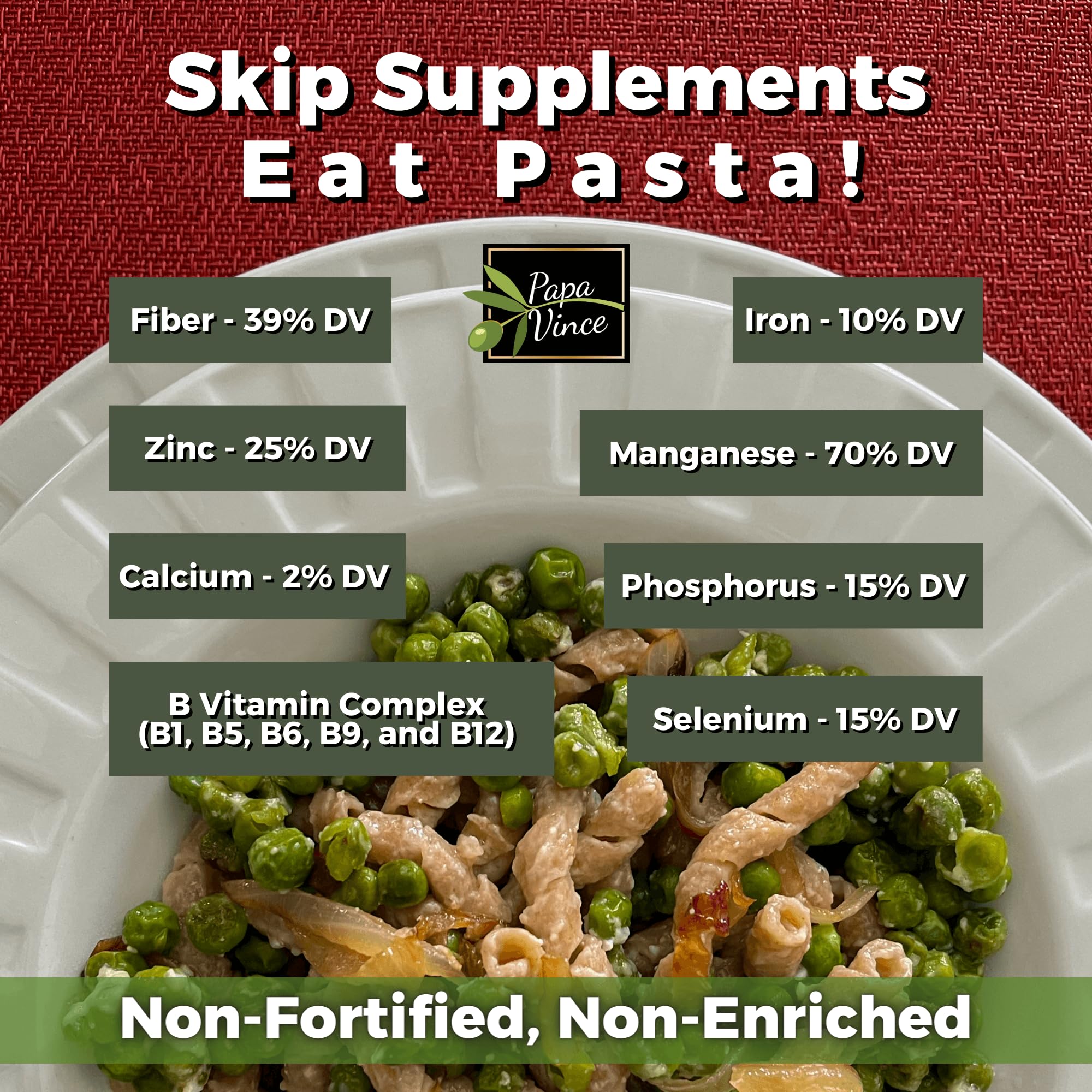 Papa Vince Organic Non Enriched Pasta - Ancient Grain, high in fiber, high in protein, Timilia/Tumminia grown in Sicily Italy. Al dente texture, nutty