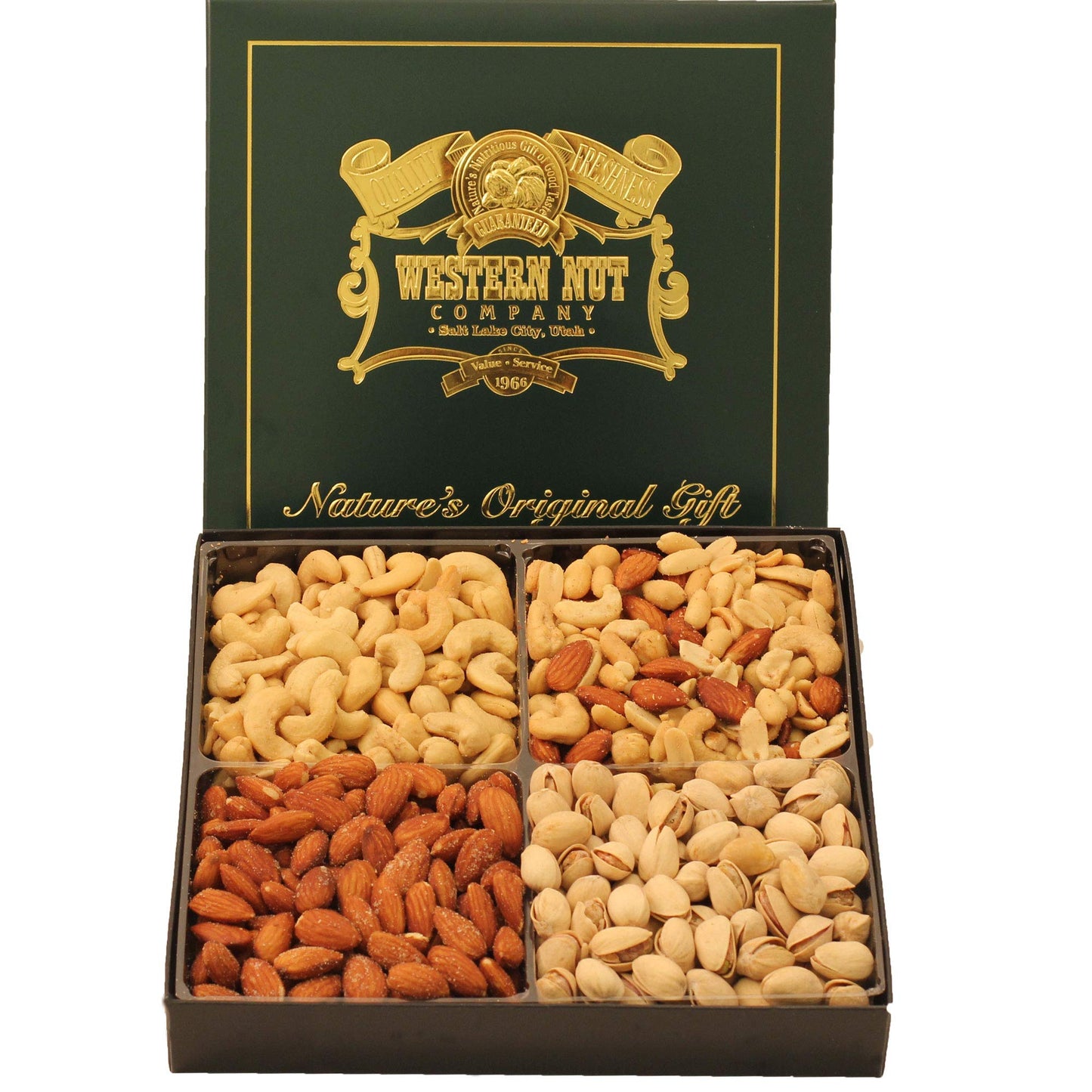 Western Nut Company Forest Gold Gift Box, Variety of Nut Collections, Seasonal Gift Wrap Boxes, 2LB Square Gift Box (Gift #10 Naturally Nuts)