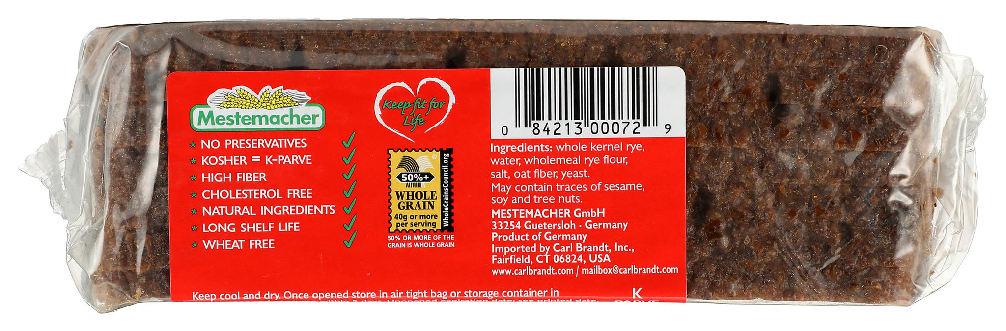 Mestemacher All Natural Whole Rye Bread, 17.6 Oz - Authentic German Whole Grain Rye Bread, High Fiber, Non-GMO, Ready to Eat, Long Shelf Life