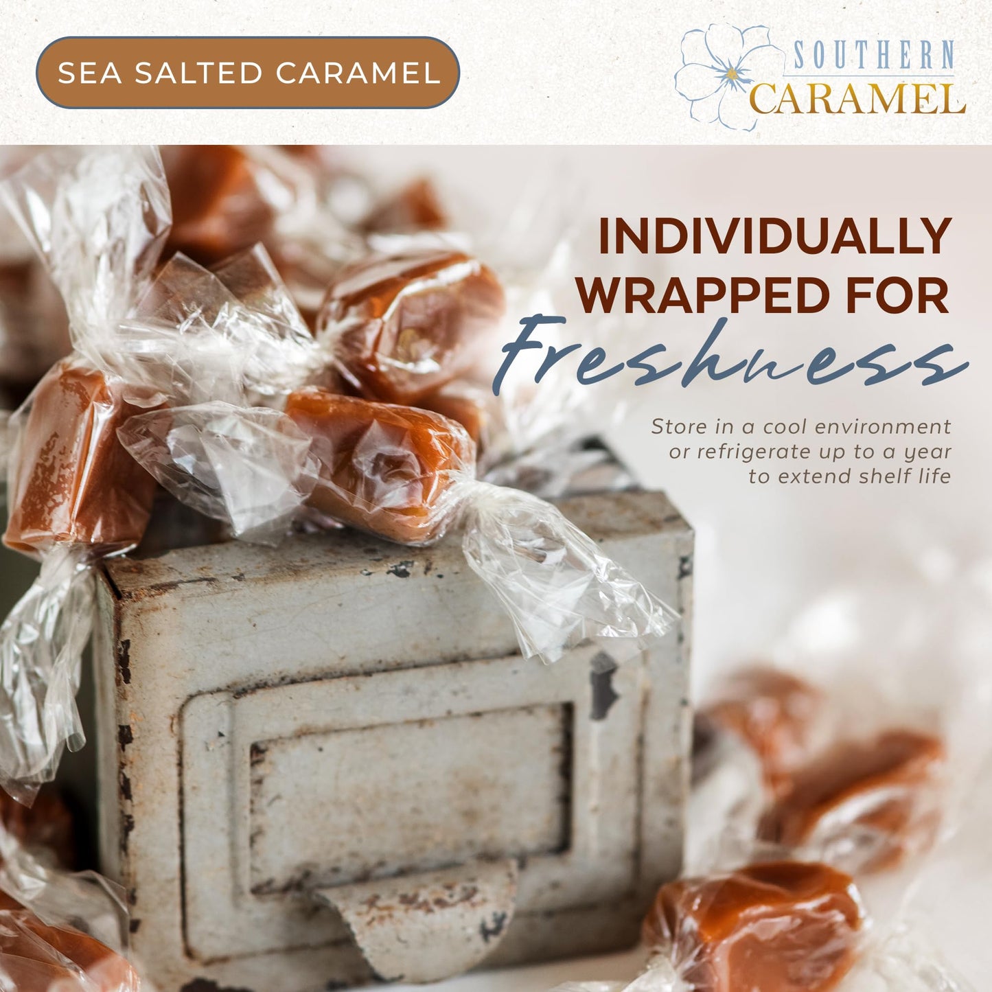 Southern Caramel Sea Salted Caramels, Rich, Buttery Caramel Candy with a Sprinkle of Coarse Sea Salt, Sweet & Salty, Handcrafted, No Corn Syrup