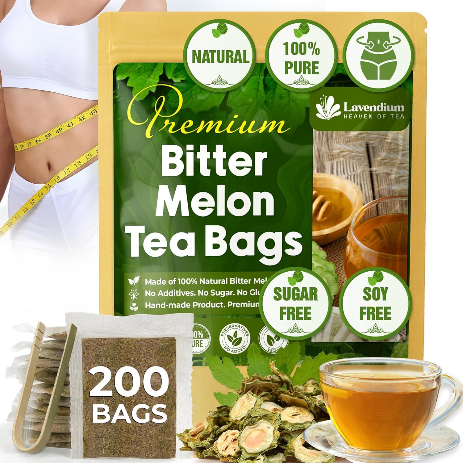 Lavendium, Premium 200 Bitter Melon Tea Bags, 100% Natural & Pure Bitter Melon Fruit, No Additives or Preservatives, Non-GMO, Caffeine-Free