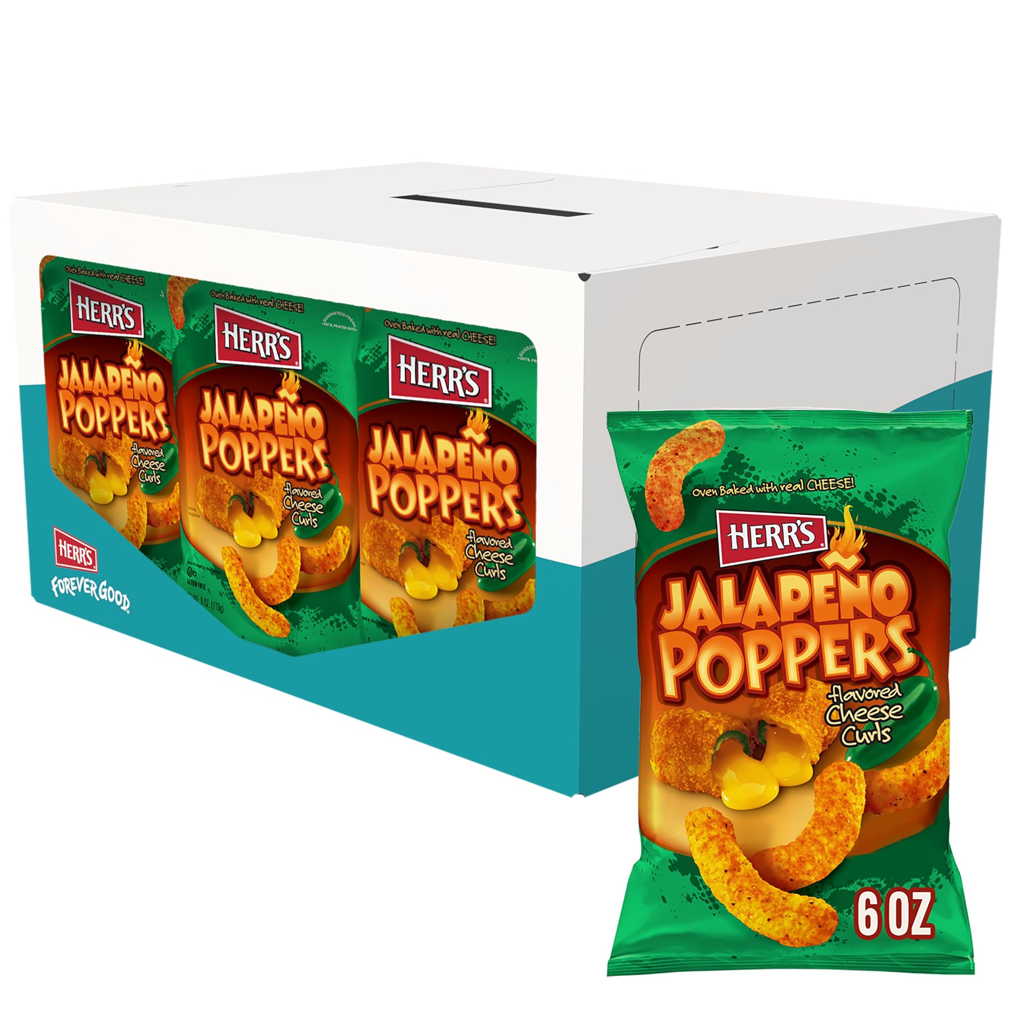 Herr's Jalapeño Poppers Flavored Cheese Curls - Made with Cheddar Cheese - 6 Ounce (Pack of 12) Great for Bold Flavor Fans