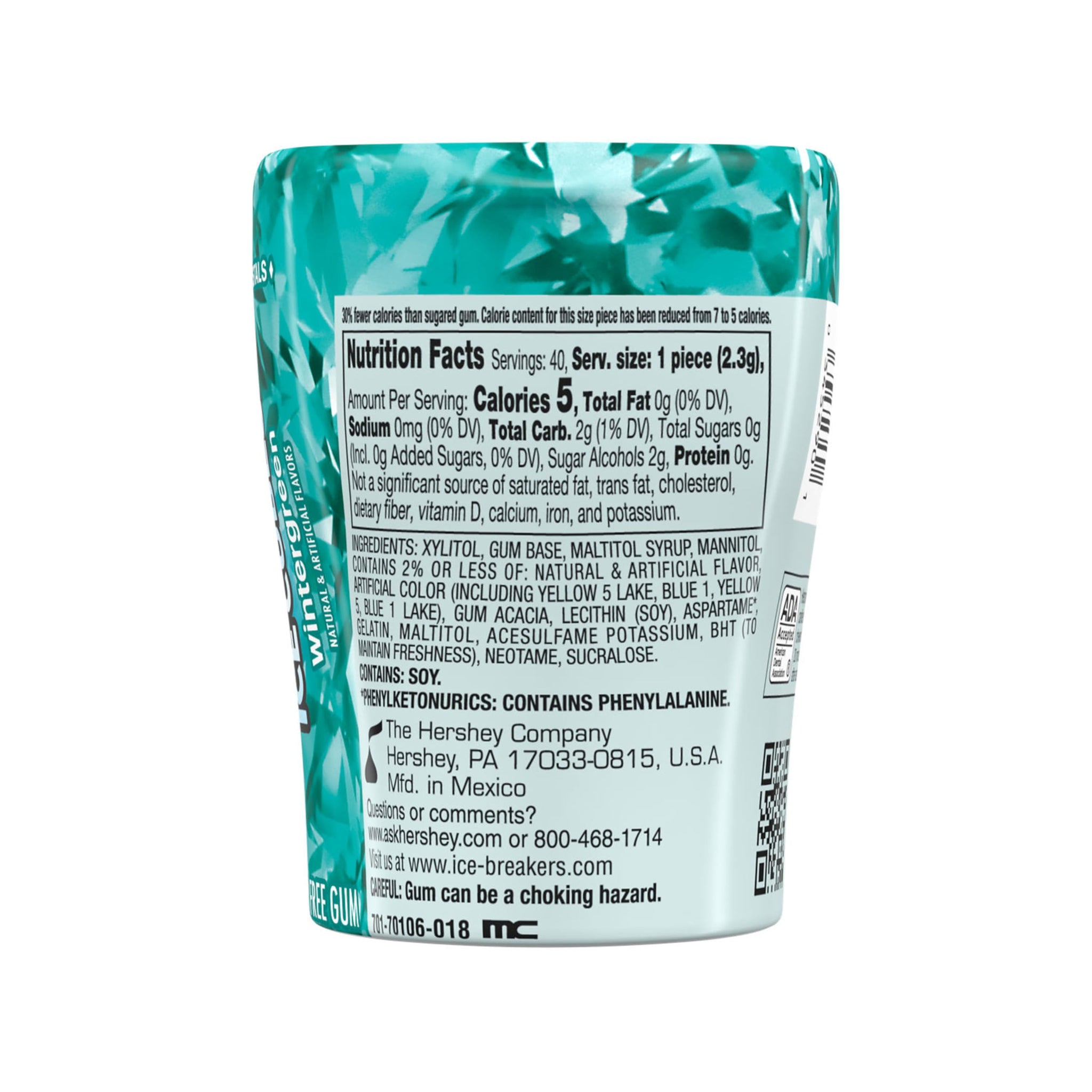 Ice Breakers, Ice Cubes Wintergreen Sugar Free Chewing Gum Bottle, 3.2 Ounce, 40 Count