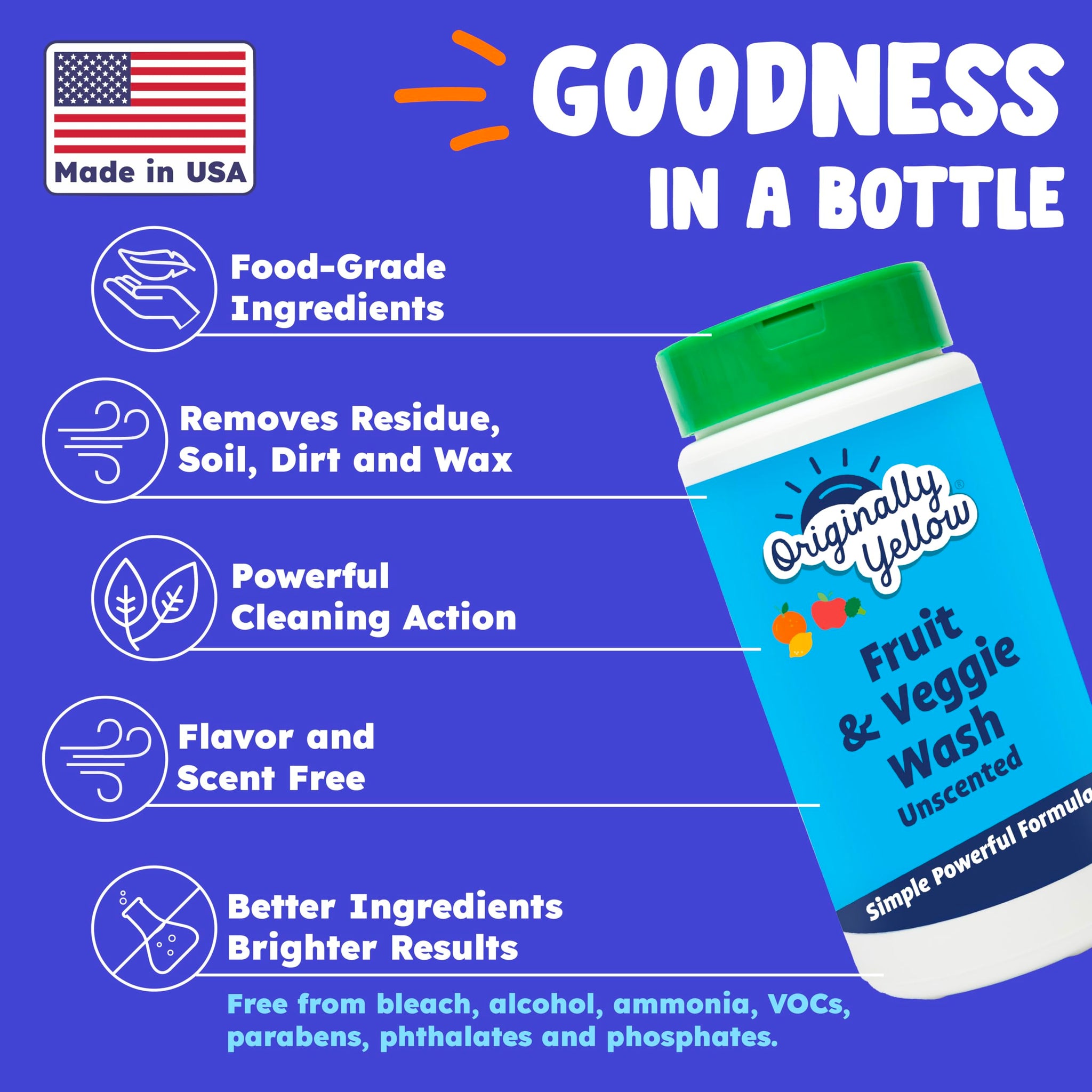 Originally Yellow USA Made Fruit And Vegetable Wash | Food-Grade Fruit and Veggie Wash With No Aftertaste | Powerful Cleaning &| Plant-Derived Produce