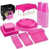 Bright Pink Party Supplies Set Paper Plates Plastic Cups Forks Knives Spoons Napkins Tablecloth Serves 20 Guests Disposable Dinnerware Set of 222