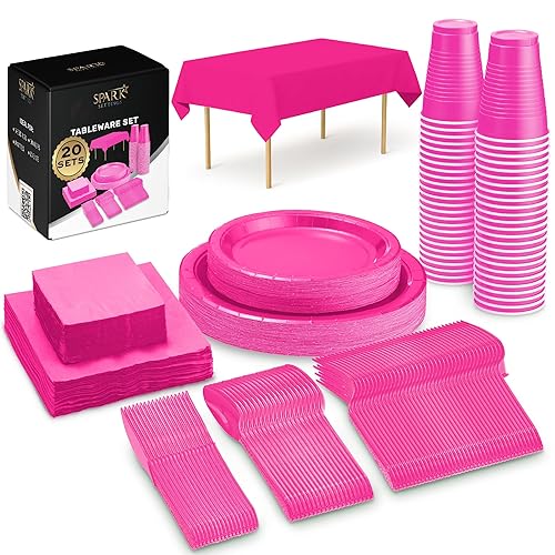Bright Pink Party Supplies Set Paper Plates Plastic Cups Forks Knives Spoons Napkins Tablecloth Serves 20 Guests Disposable Dinnerware Set of 222