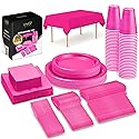 Bright Pink Party Supplies Set Paper Plates Plastic Cups Forks Knives Spoons Napkins Tablecloth Serves 20 Guests Disposable Dinnerware Set of 222