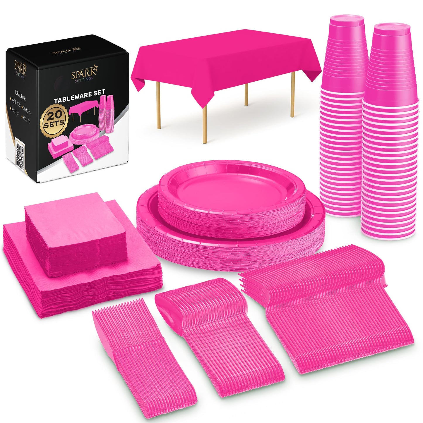 Bright Pink Party Supplies Set Paper Plates Plastic Cups Forks Knives Spoons Napkins Tablecloth Serves 20 Guests Disposable Dinnerware Set of 222