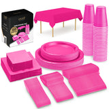 Bright Pink Party Supplies Set Paper Plates Plastic Cups Forks Knives Spoons Napkins Tablecloth Serves 20 Guests Disposable Dinnerware Set of 222