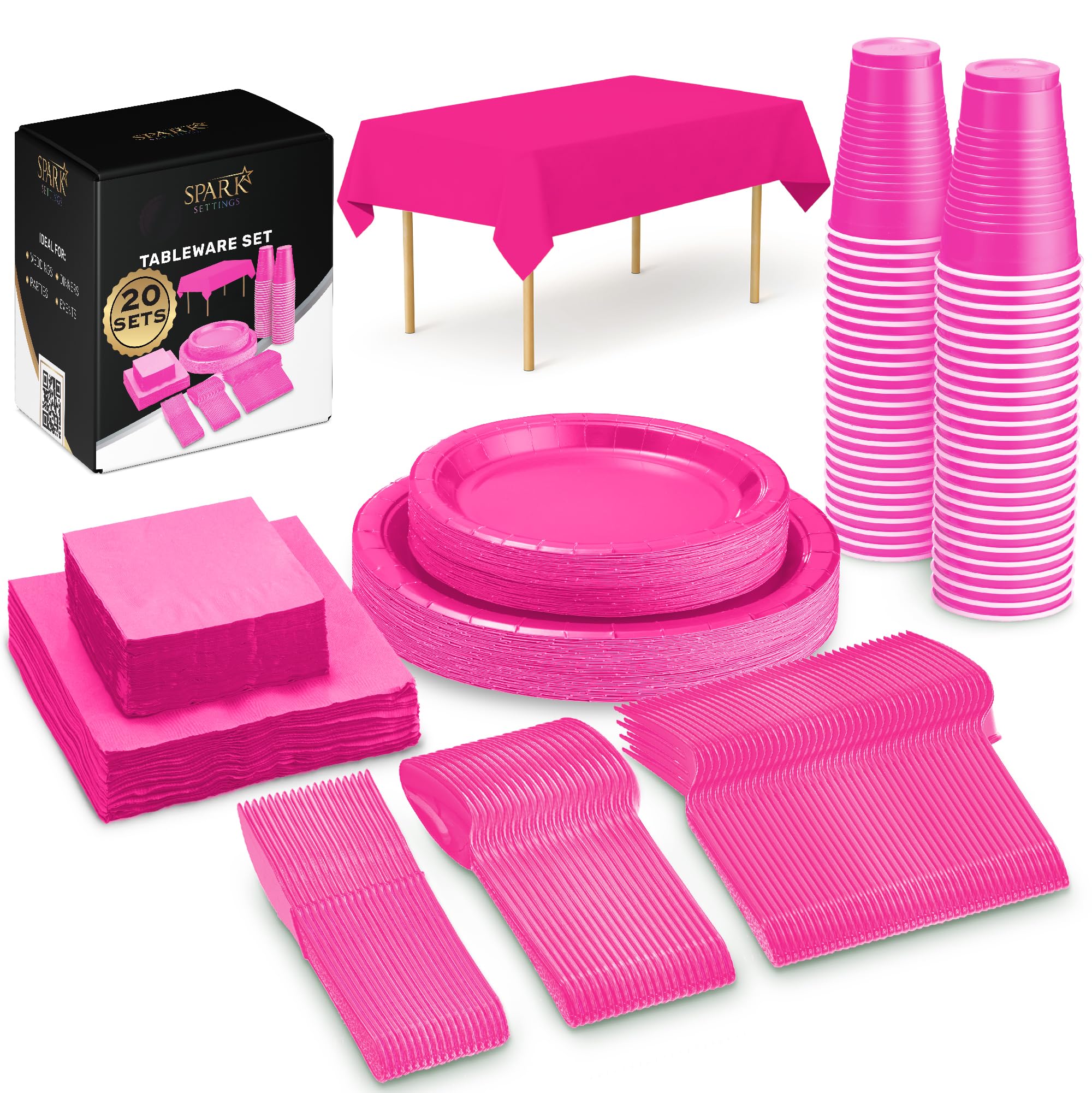 Bright Pink Party Supplies Set Paper Plates Plastic Cups Forks Knives Spoons Napkins Tablecloth Serves 20 Guests Disposable Dinnerware Set of 222