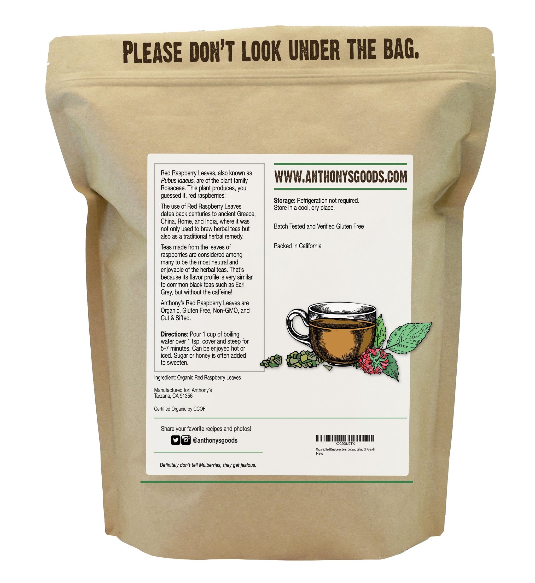 Anthony's Organic Red Raspberry Leaves, 1 lb, Cut & Sifted, Gluten Free, Non GMO, Non Irradiated, Keto Friendly