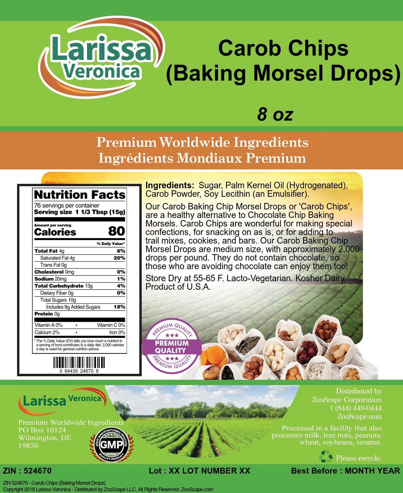 Carob Chips (Baking Morsel Drops) (8 oz, ZIN: 524670)