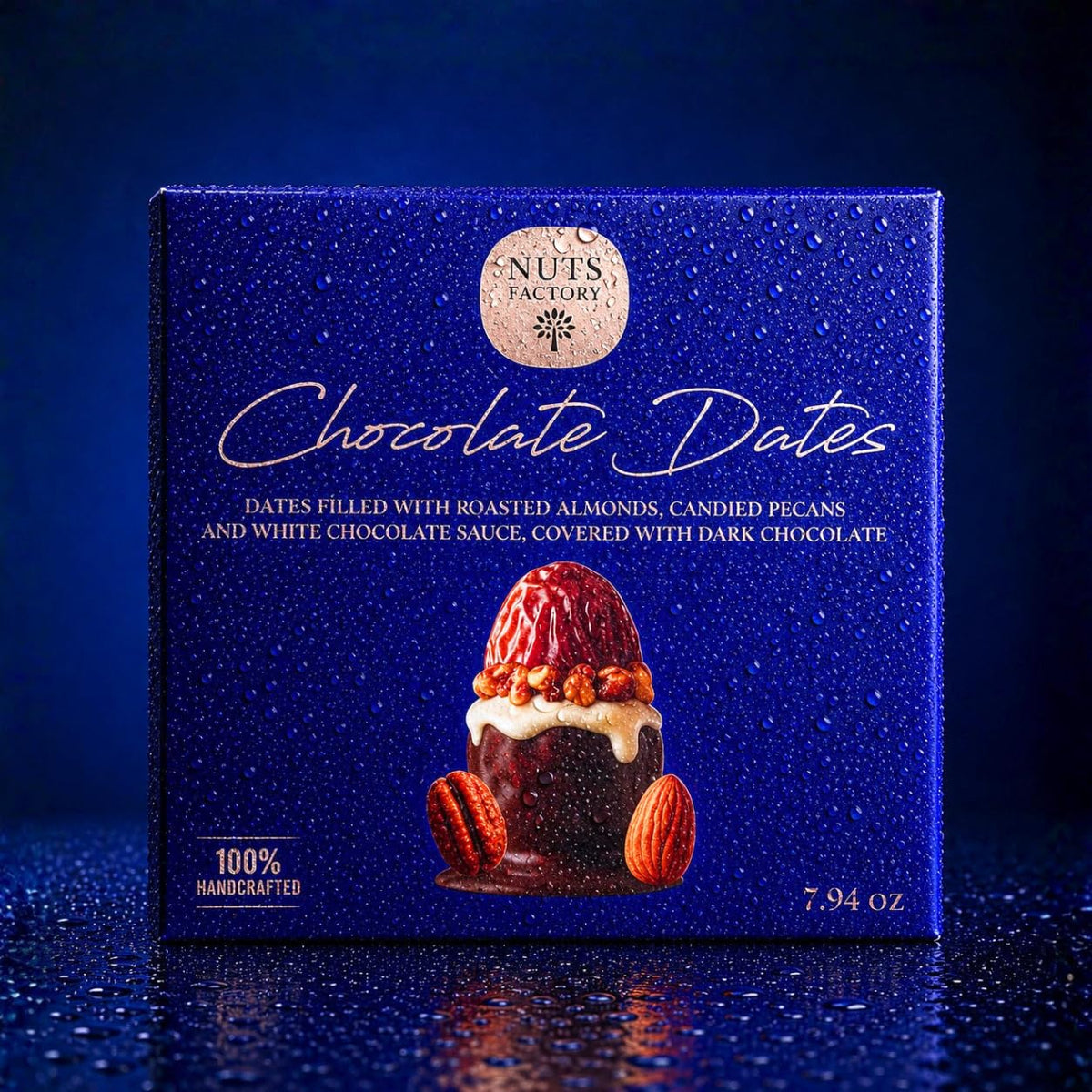 Nuts Factory Chocolate Dates - Dark Chocolate Covered Dates with Roasted Almonds, Candied Pecans & White Chocolate Sauce, Gourmet Stuffed Dates