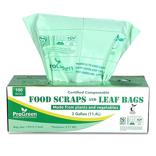 ProGreen Compostable Trash Bags 3 Gallon, Extra Thick 0.71 Mil, 100 Count, Small Kitchen Compost Bin Bags, Food Scraps Yard Waste Bags, Compost ASTM