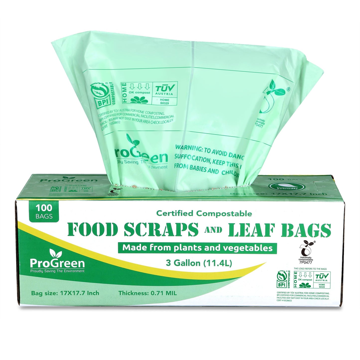 ProGreen Compostable Trash Bags 3 Gallon, Extra Thick 0.71 Mil, 100 Count, Small Kitchen Compost Bin Bags, Food Scraps Yard Waste Bags, Compost ASTM