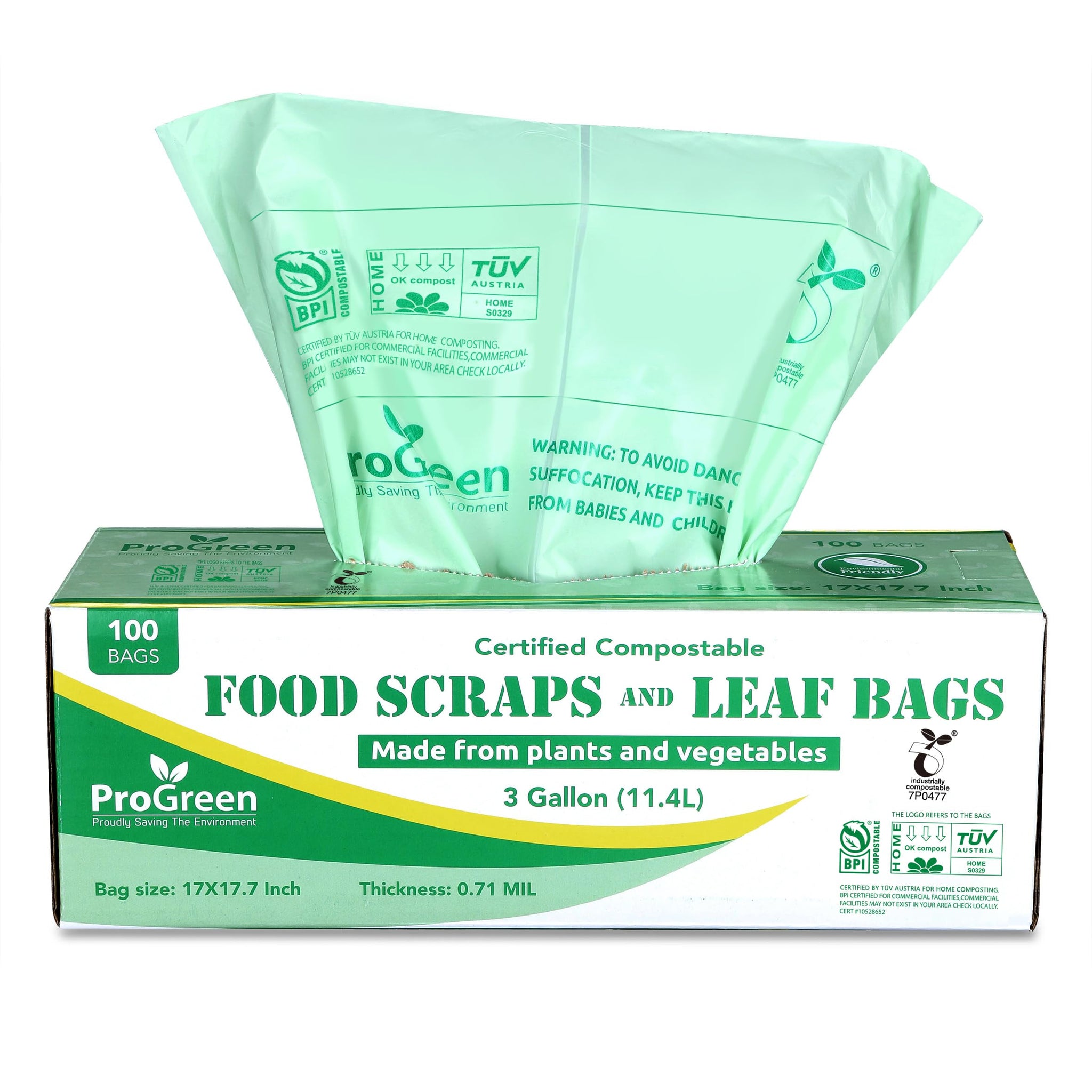 ProGreen Compostable Trash Bags 3 Gallon, Extra Thick 0.71 Mil, 100 Count, Small Kitchen Compost Bin Bags, Food Scraps Yard Waste Bags, Compost ASTM