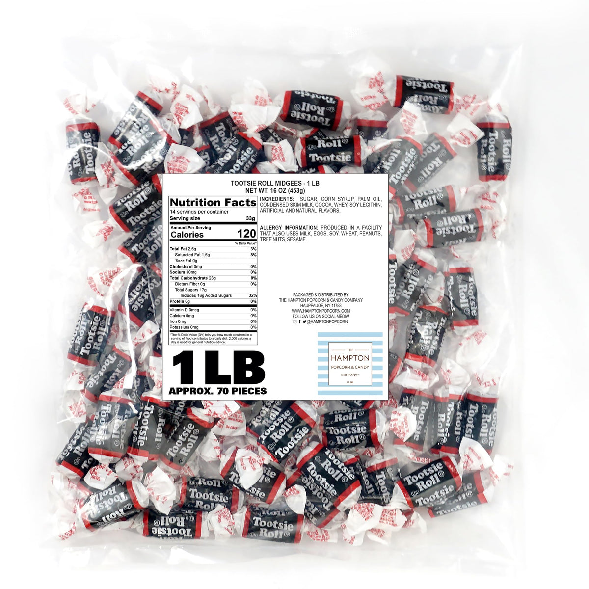 Tootsie Roll Midgees, 1lb Bulk Bag (Approx. 70 Pieces), Mini Chewy Candies, Individually Wrapped Bulk Candy, Chocolate Candies, The Hampton Popcorn