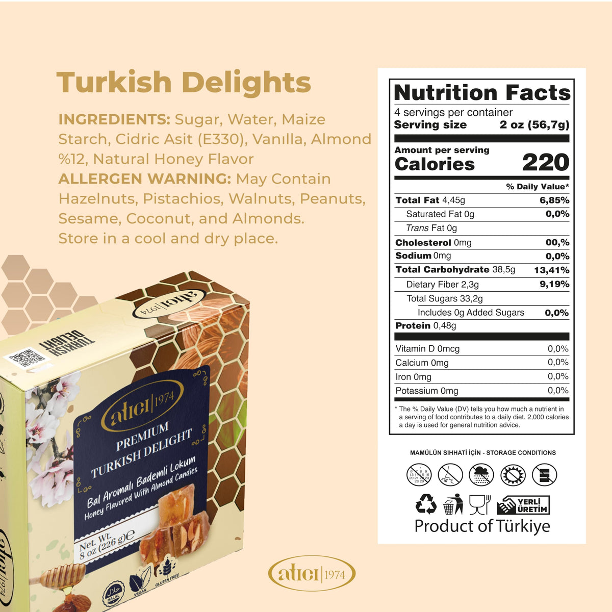 Atici Lokum Authentic Turkish Delight 8oz - Gourmet Vegan Sweets, Gluten-Free, Halal Soft Chewy Candy Gift Box | Traditional Premium Lokum Loukoumi