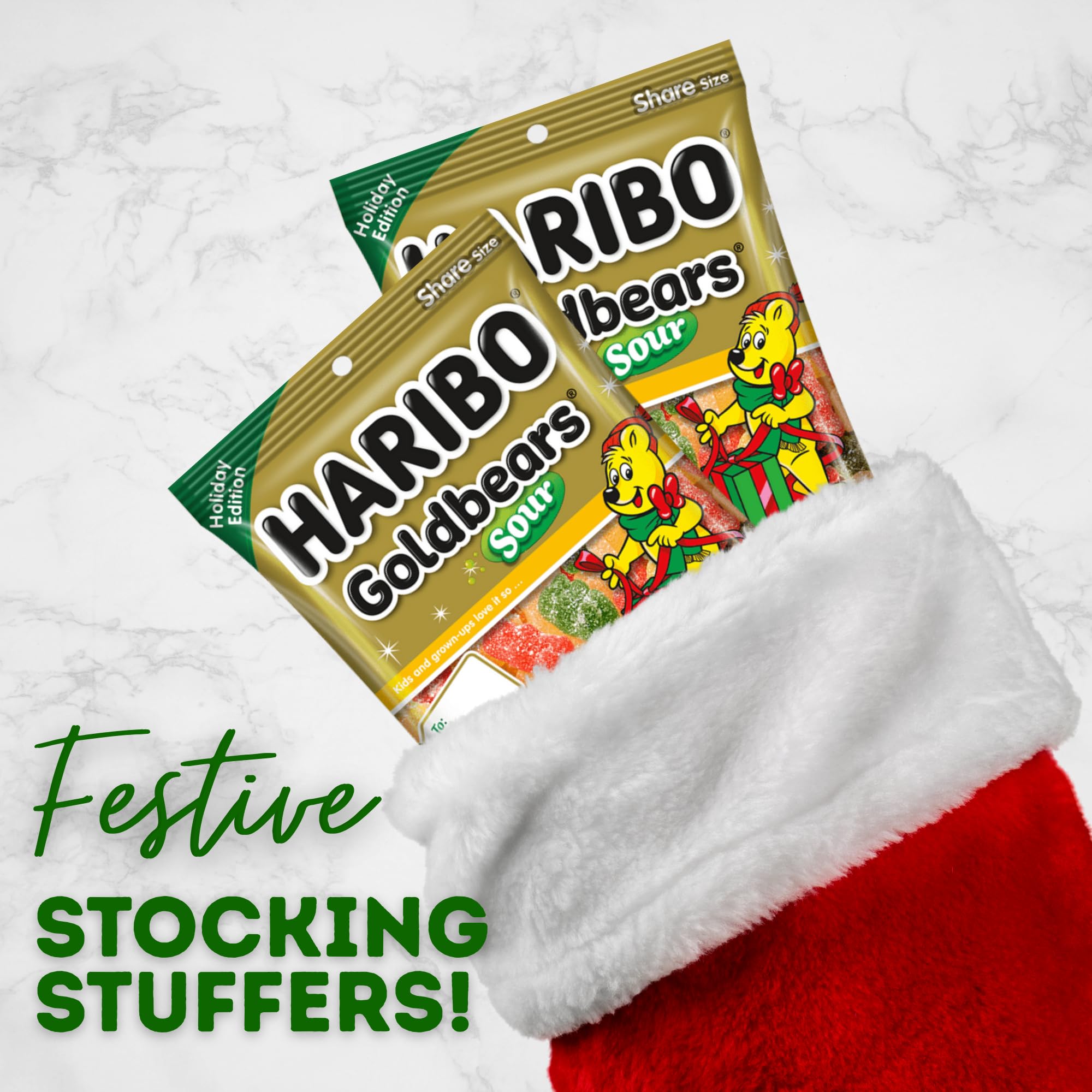 Christmas Haribo Sour Goldbears, Assorted Fruit Flavored Gummy Bears, Holiday Stocking Stuffer Candy, 4 Ounces (Pack of 3)