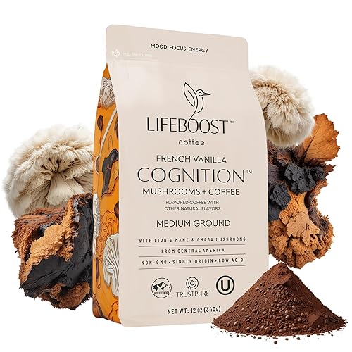 Lifeboost French Vanilla Cognition Mushroom Coffee - Low Acid Medium Organic Coffee with Nootropic Lions Mane & Chaga Mushrooms - Increase Energy